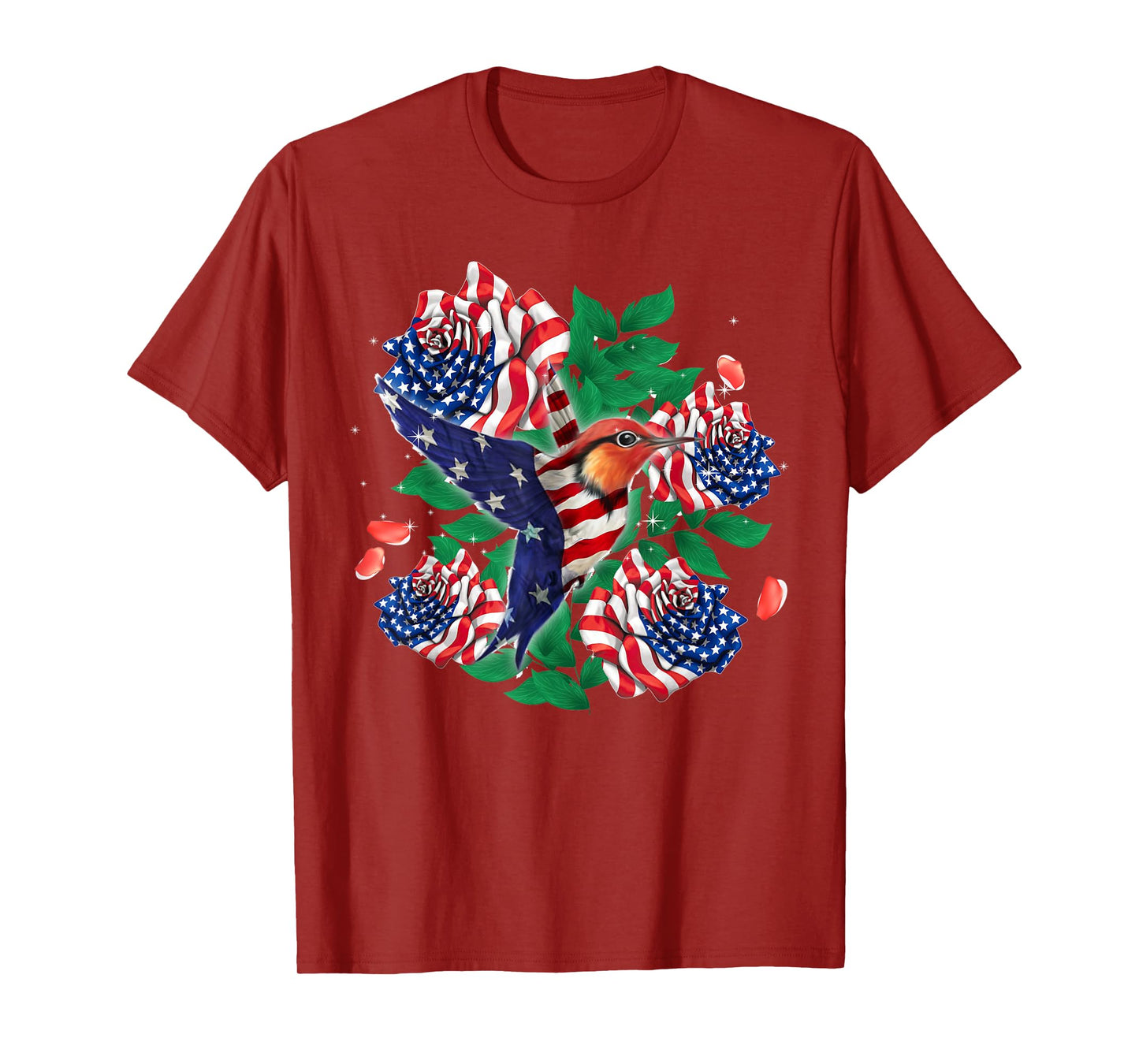 Hummingbird and Rose American Flag Tee Patriotic 4th Of July T-Shirt for Women Men