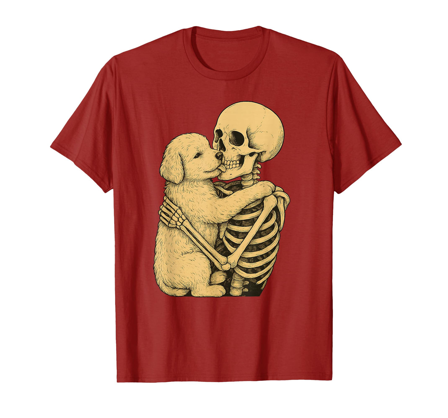 Skeleton Hugging Baby Doodle Dog Halloween T-Shirt