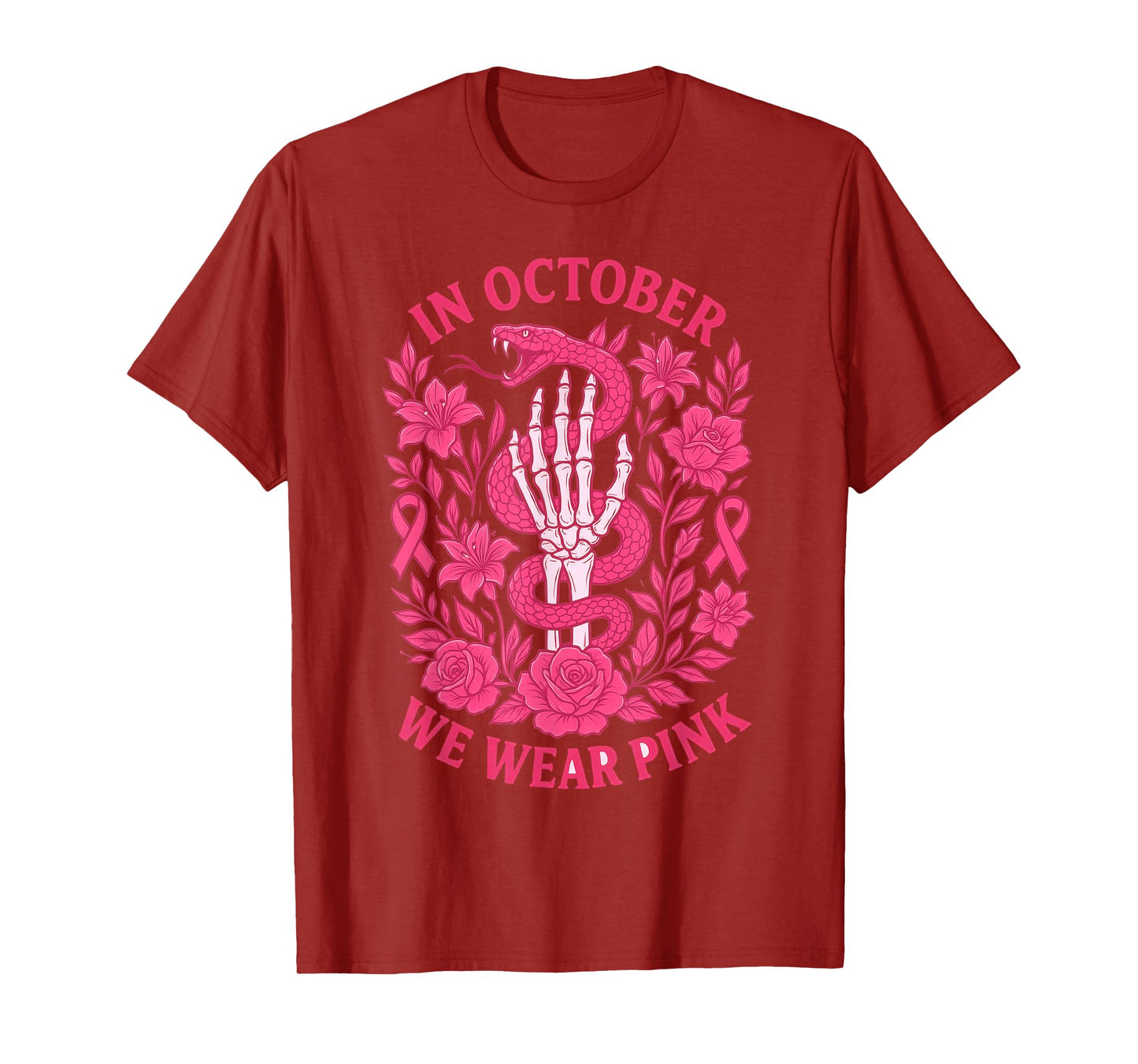 in October We Wear Pink Ribbon Snake Skeleton Hand Womens T-Shirt