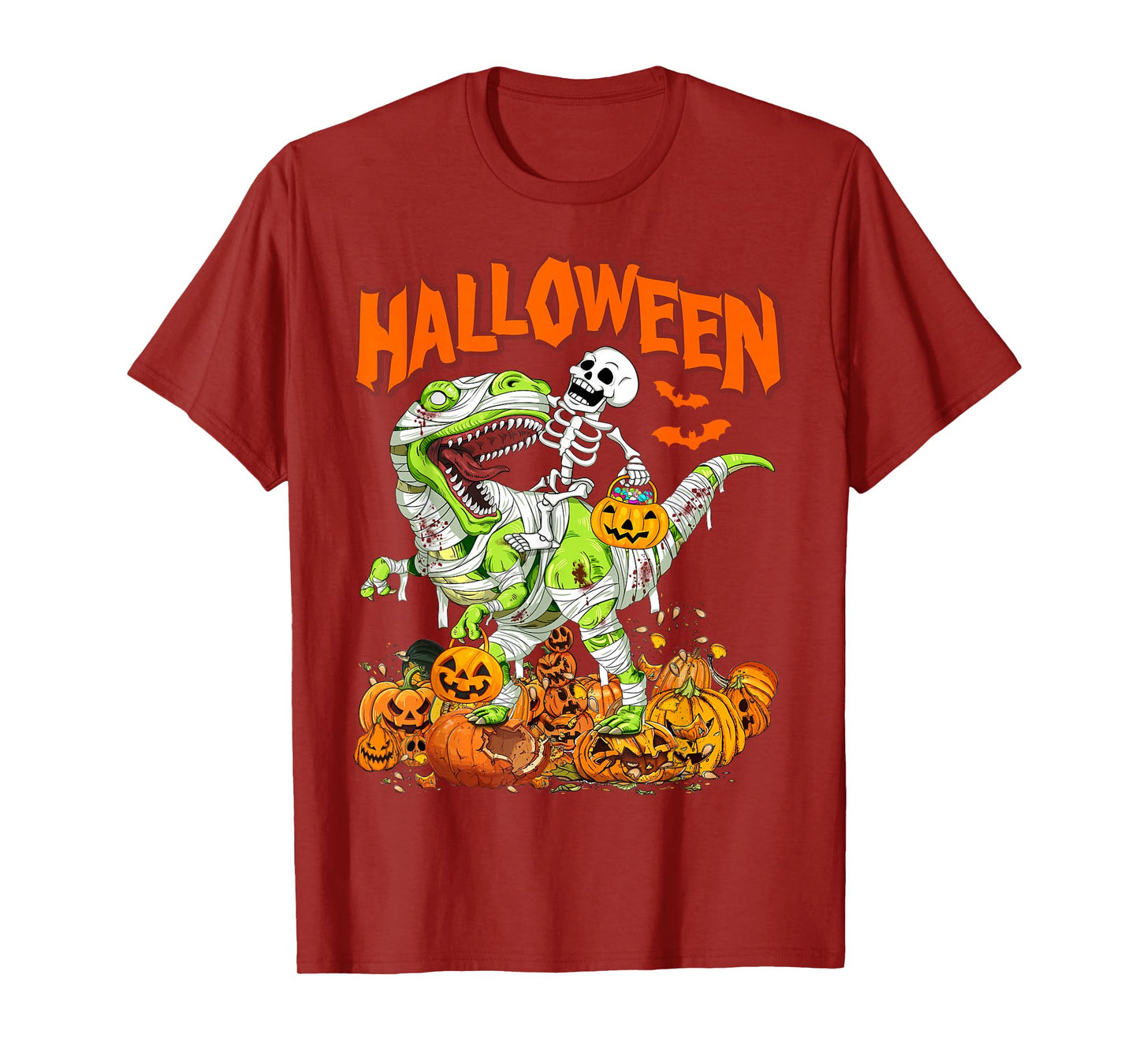 Skeleton Riding Mummy Dinosaur T rex Halloween Pumpkins Kid T-Shirt