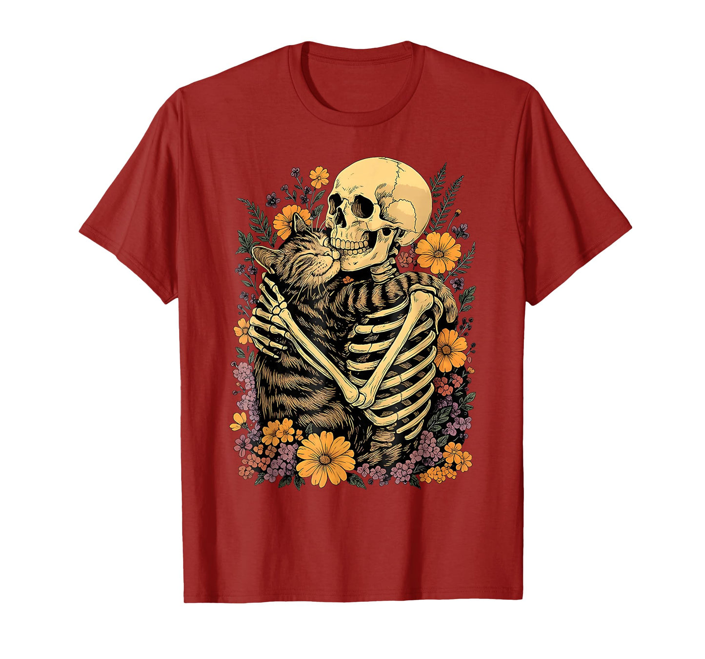 Skeleton Hugging Cat Floral for Cat Lovers Halloween Night T-Shirt