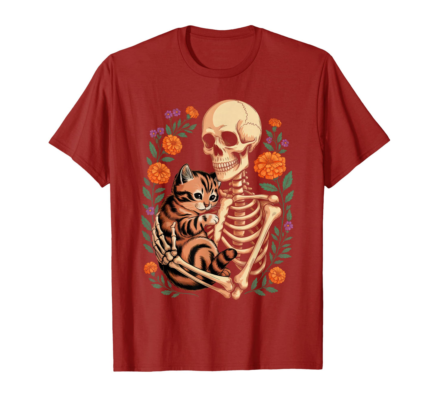 Skeleton Hugging Cat Halloween Costume Cat Lover Skull Cat T-Shirt