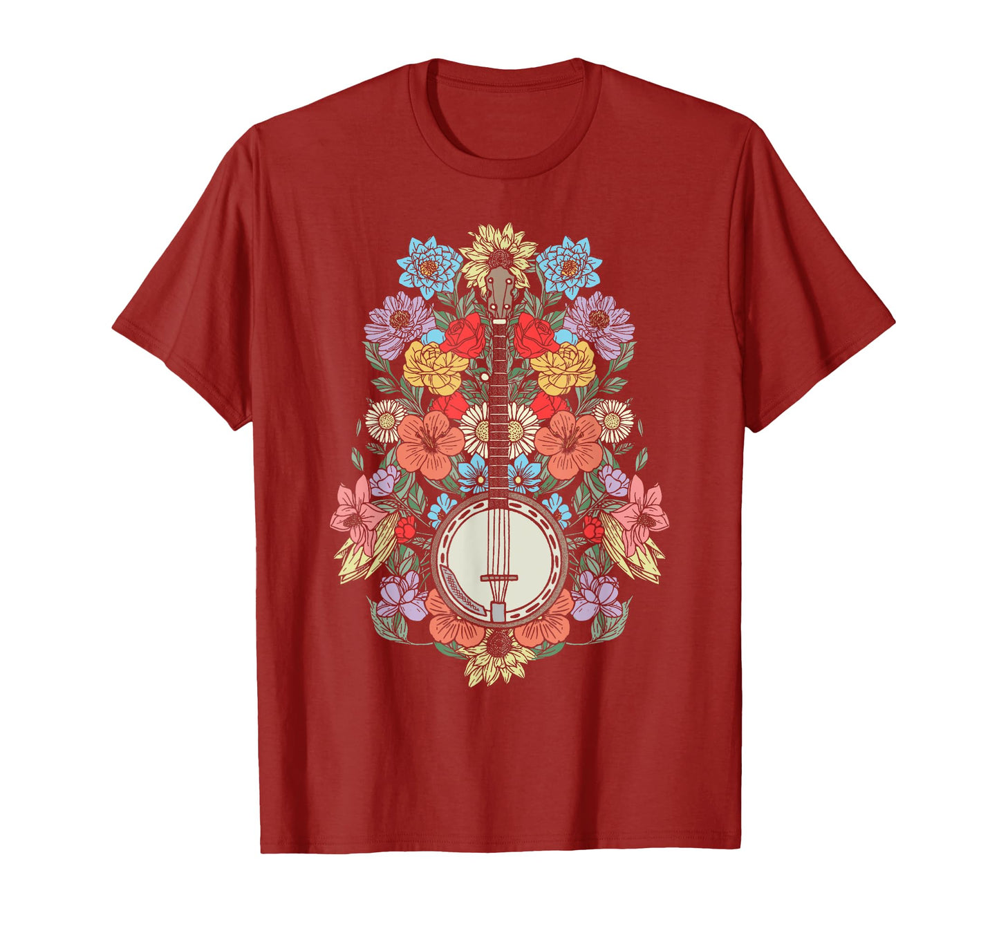 Banjo Flowers Vintage Stringed Bluegrass Folk Floral Design T-Shirt
