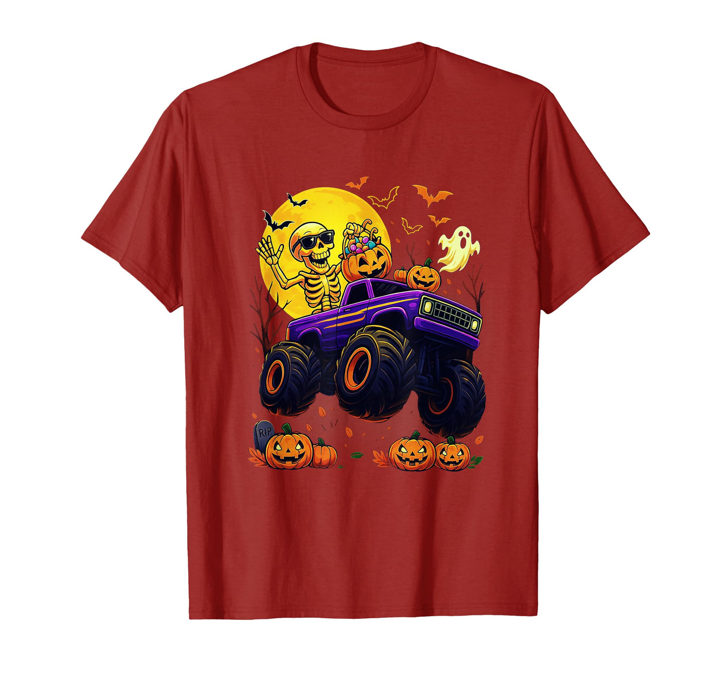 Spooky Skeleton Riding Monster Truck Halloween Men Boy Kid T-Shirt