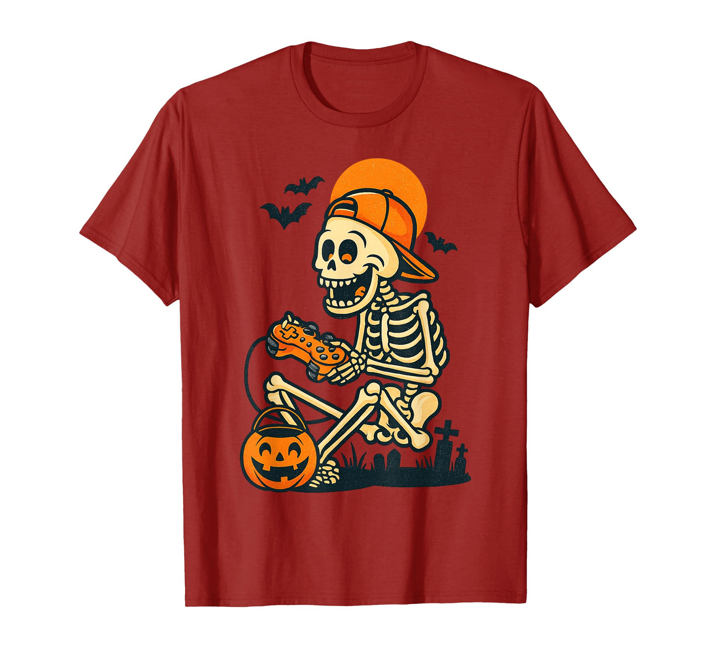 Skeleton Gamer Kids Halloween Controller with Pumpkin Bucket T-Shirt