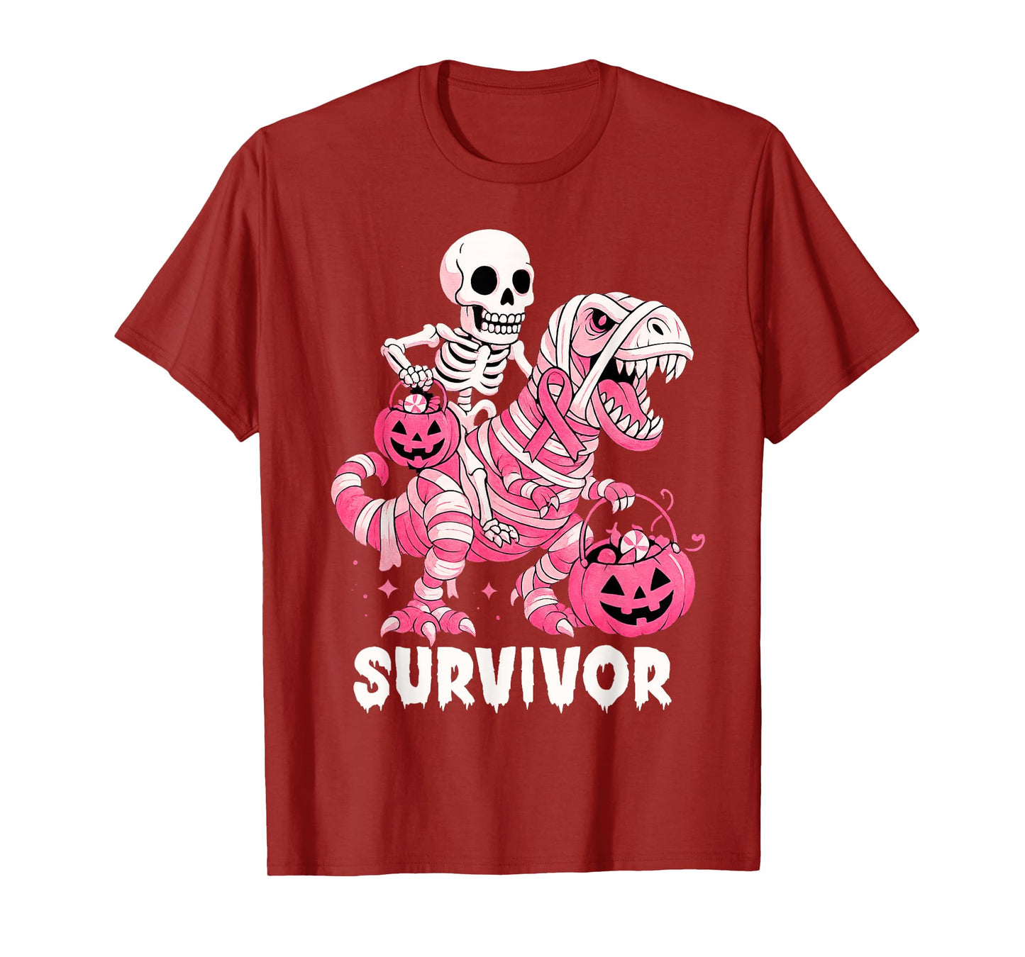 Skeleton Riding Mummy Dinosaur T Rex Breast Cancer Survivor T-Shirt