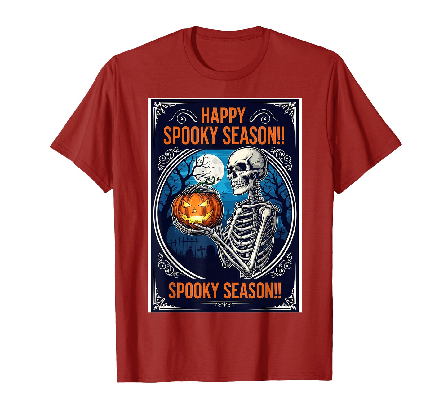 Skeleton Holding Pumpkin Lantern with Full Moon and Graveyar T-Shirt