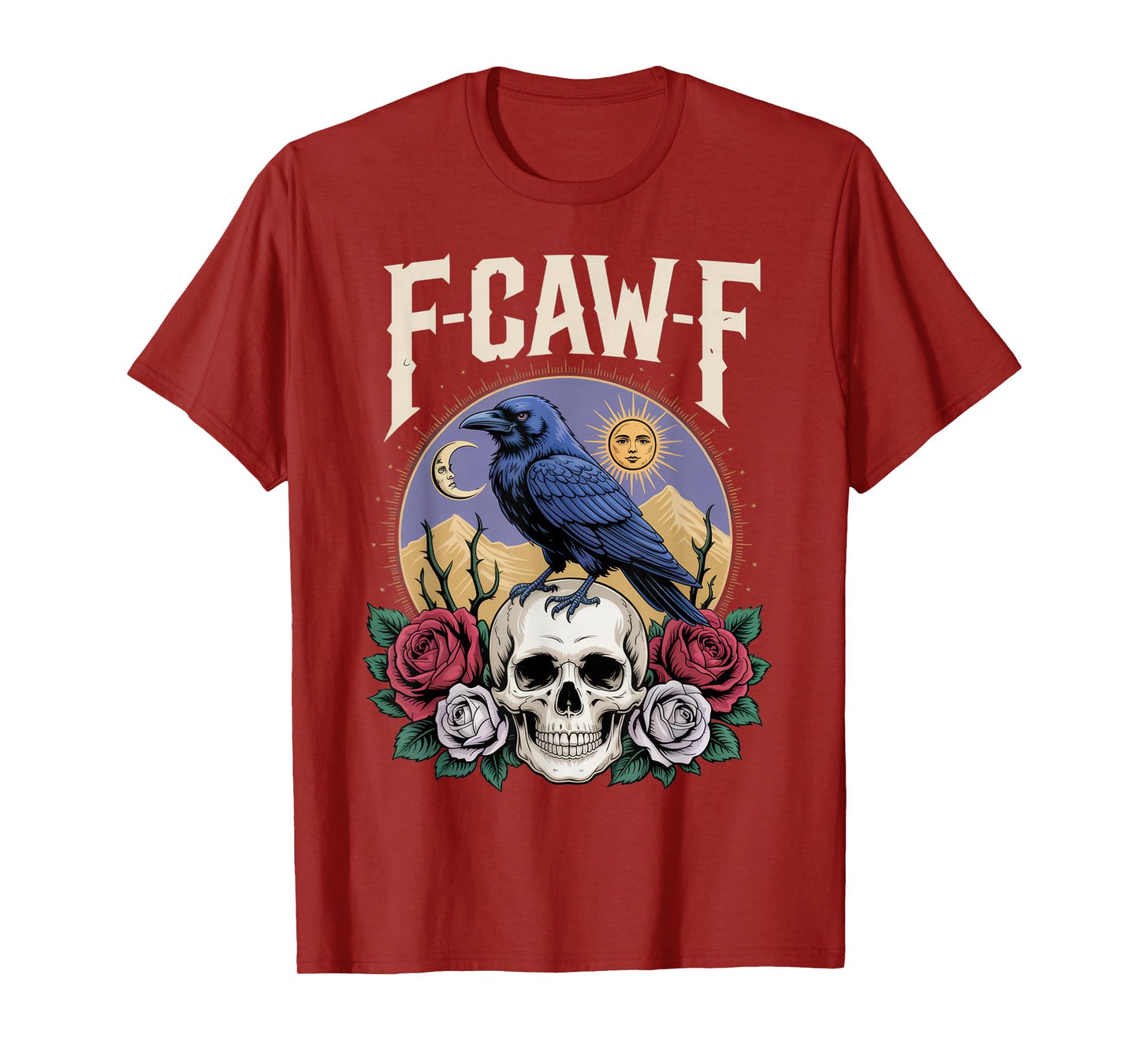 F-CAW-F Funny Raven Gothic Outfit Skull Roses Sun Moon Look T-Shirt