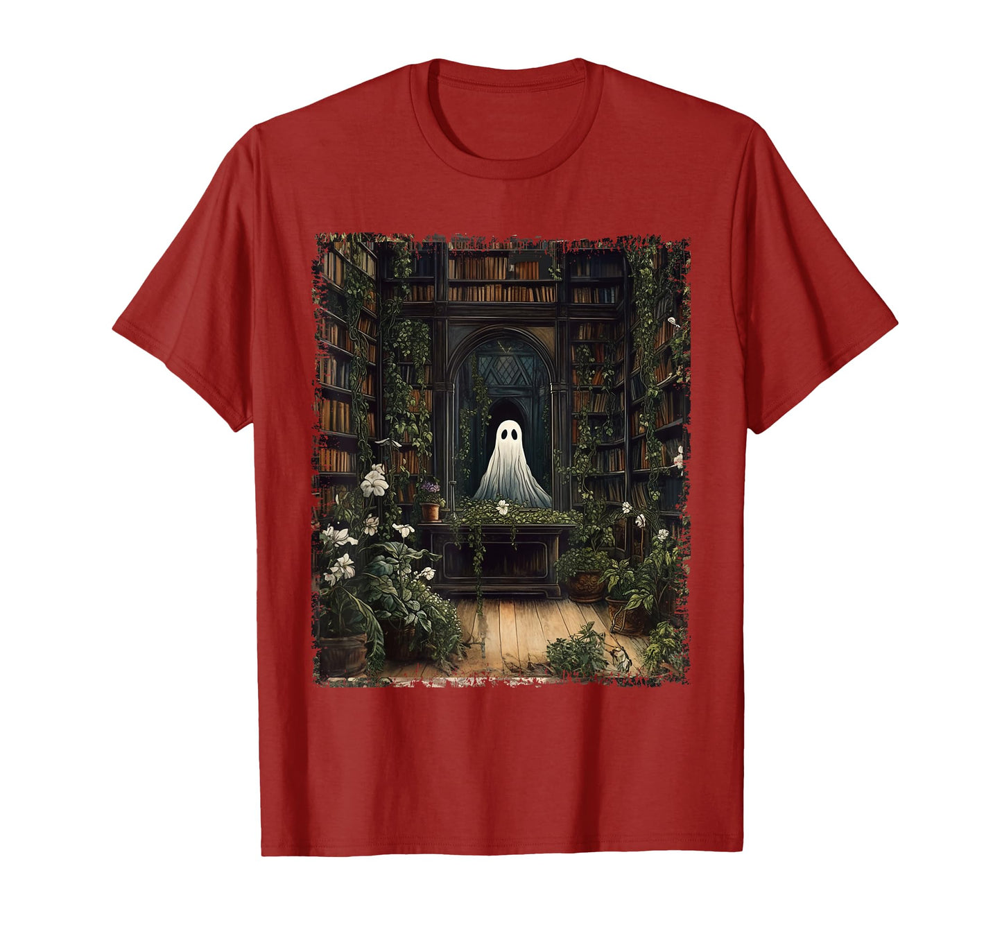 Vintage Halloween Spooky Ghost In The Library Gothic T-Shirt