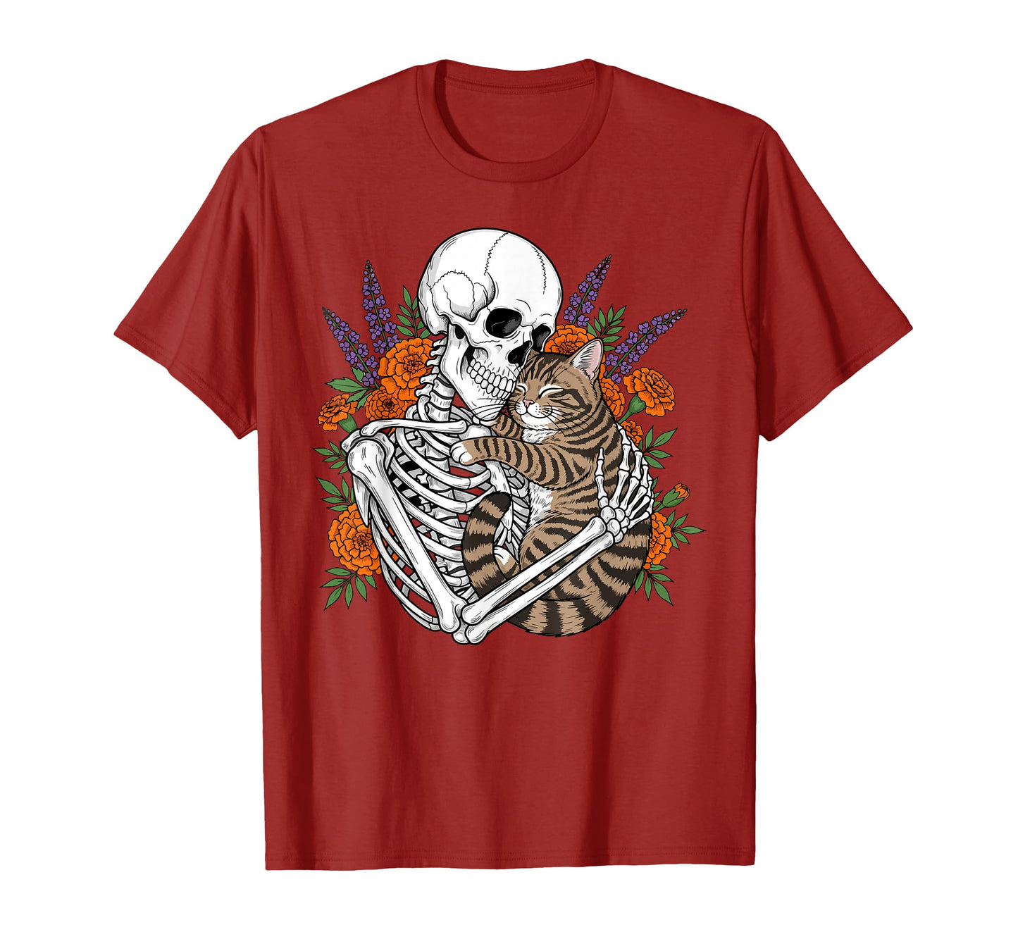 Floral Skeleton Hugging Cat Halloween Gothic Aesthetic T-Shirt