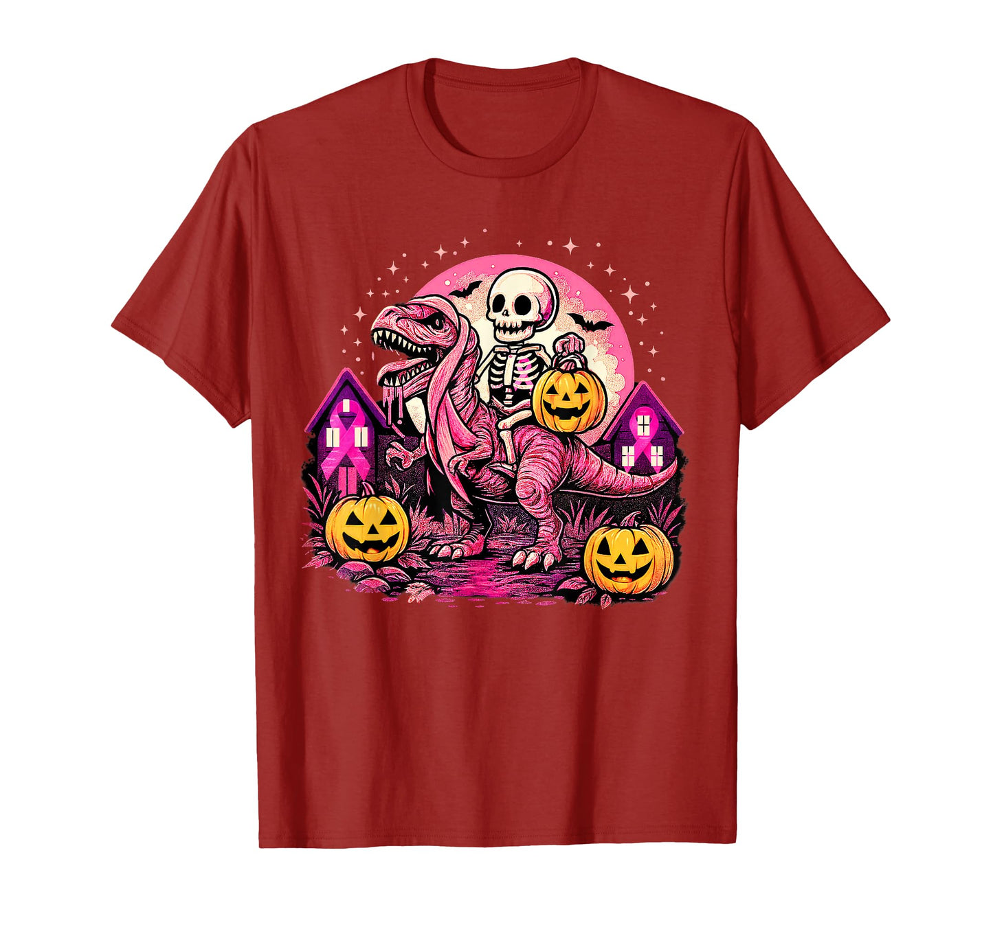 Skeleton Dinosaur T Rex Scary Night Pumpkin Breast Cancer T-Shirt