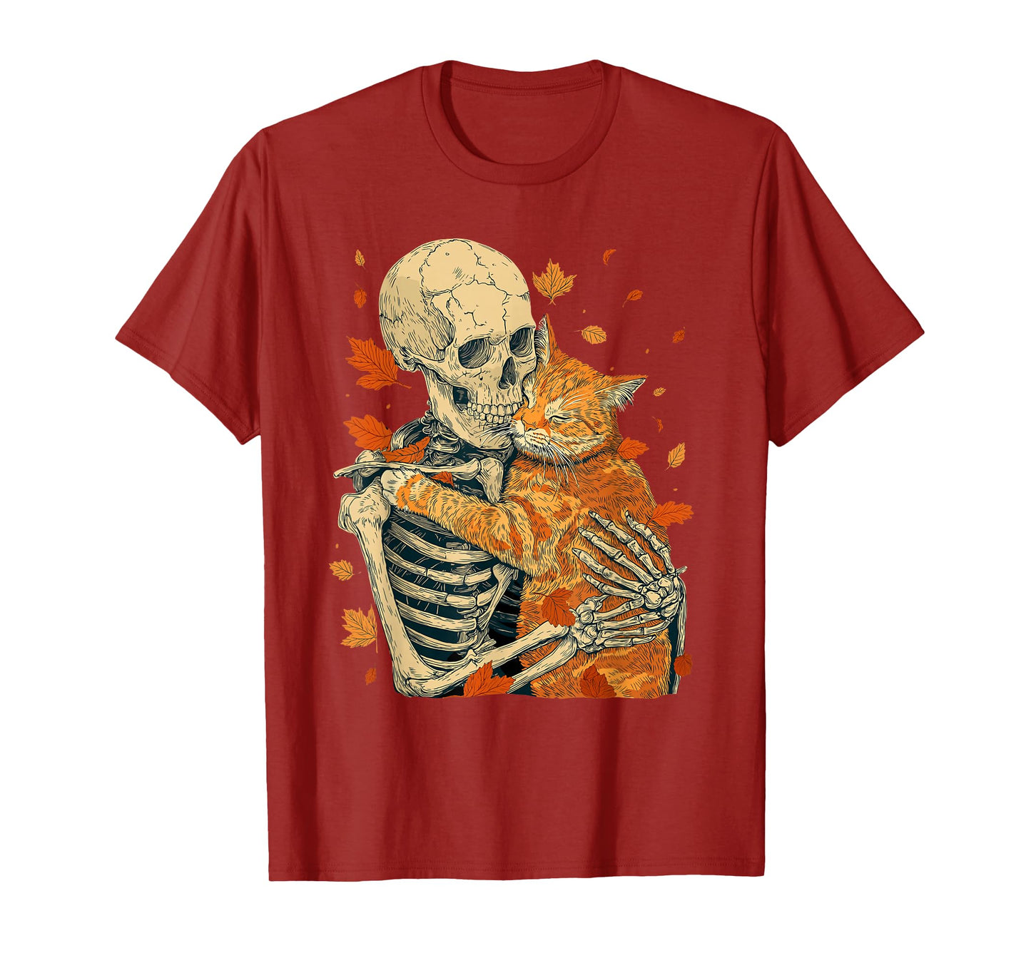 Skeleton Hug Cat Fall Leaves Funny Halloween Goth Spooky T-Shirt