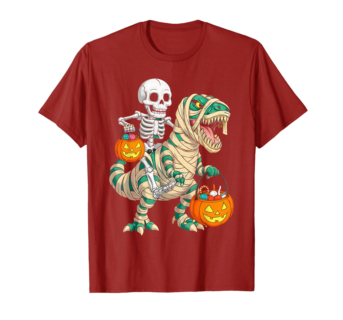 Skeleton Riding Mummy Dinosaur T rex Halloween Funny Pumpkin T-Shirt