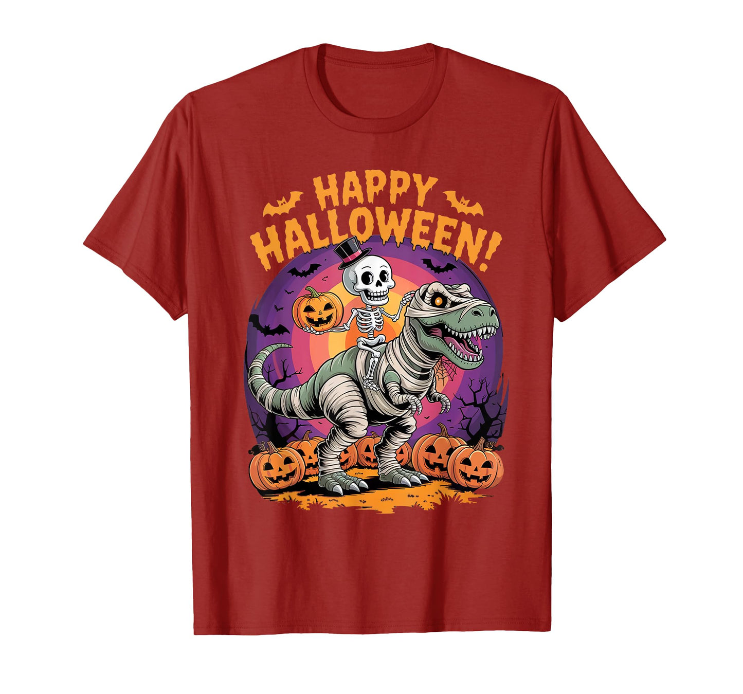 Mummy Skeleton Riding Dinosaur T Rex Kids Boys Men Halloween T-Shirt