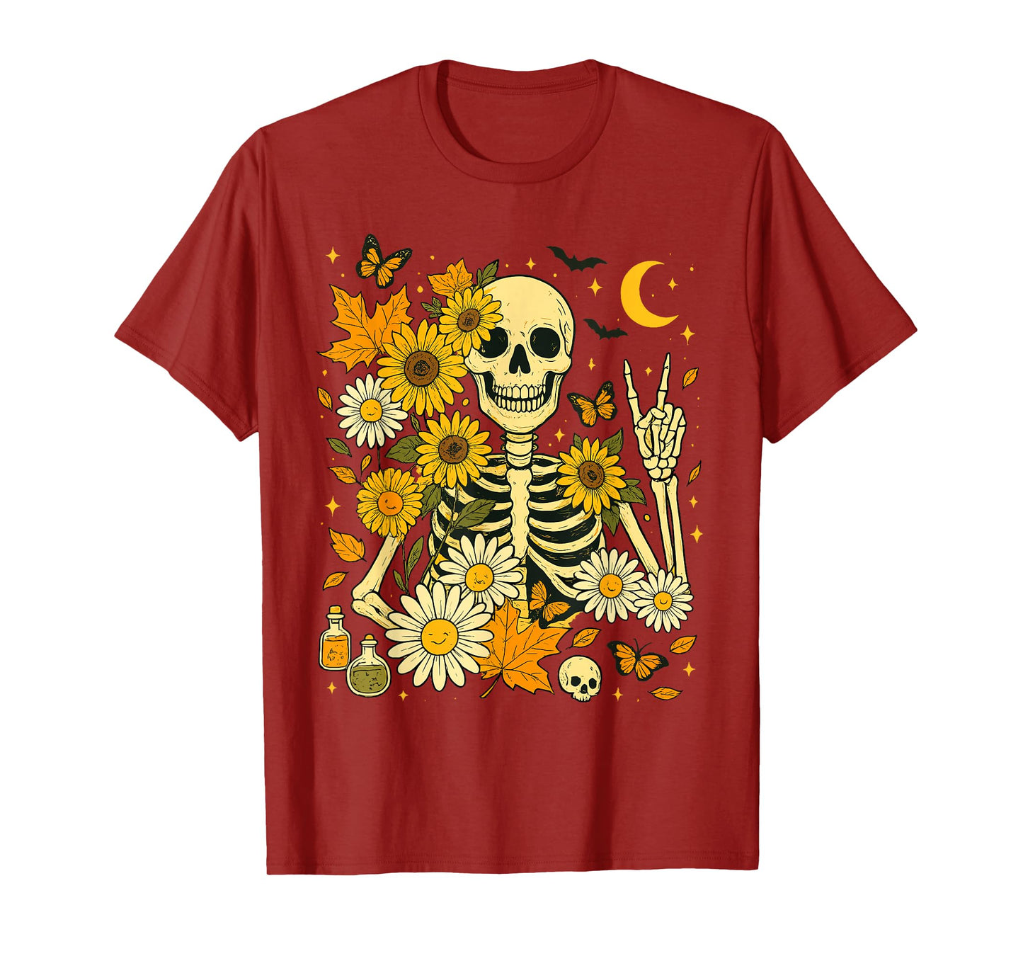 Retro Fall Skeleton Floral Skull Aesthetic Halloween T-Shirt