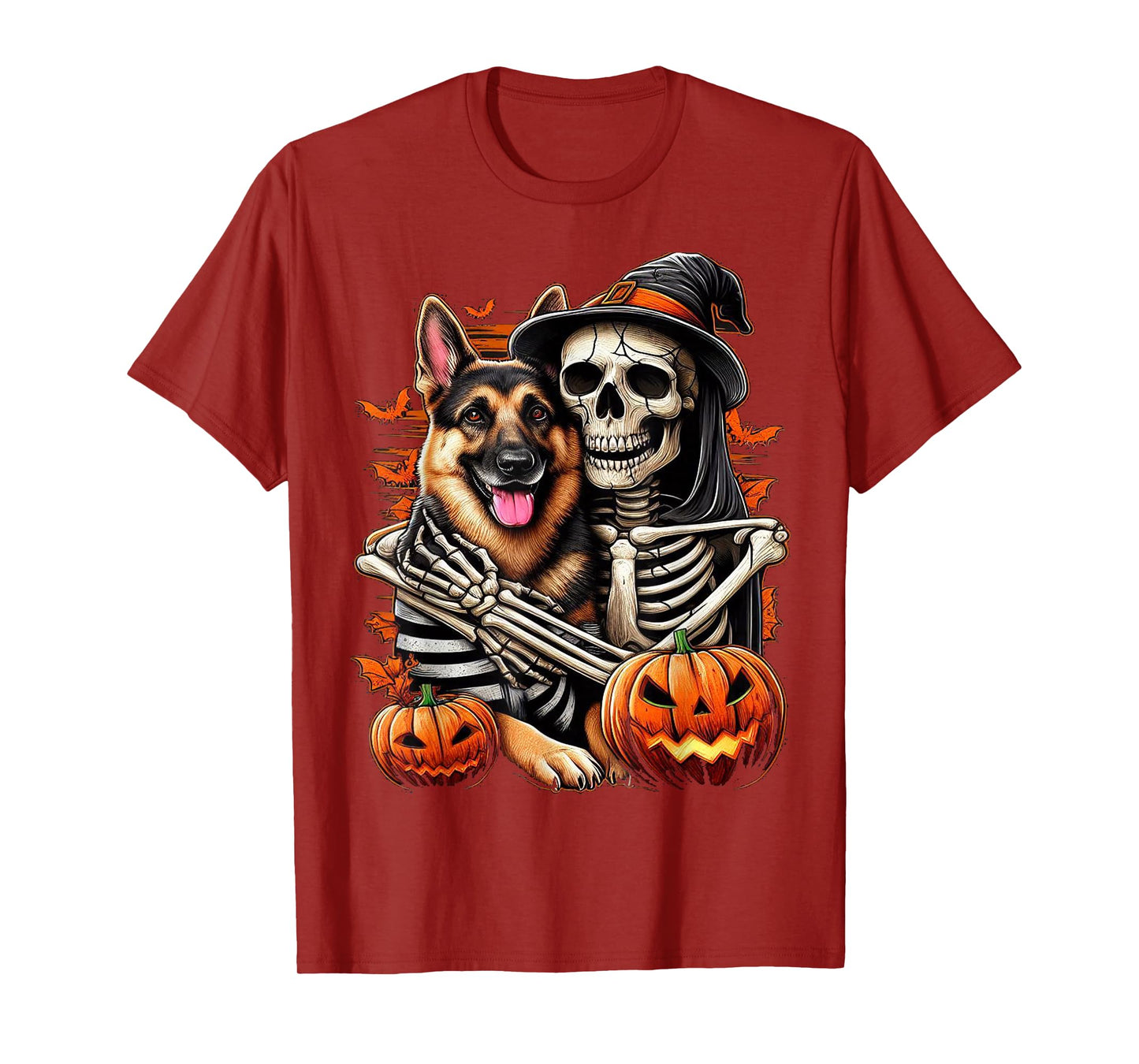 Skeleton Hugging German Shepherd Halloween Lover Mom Dad T-Shirt