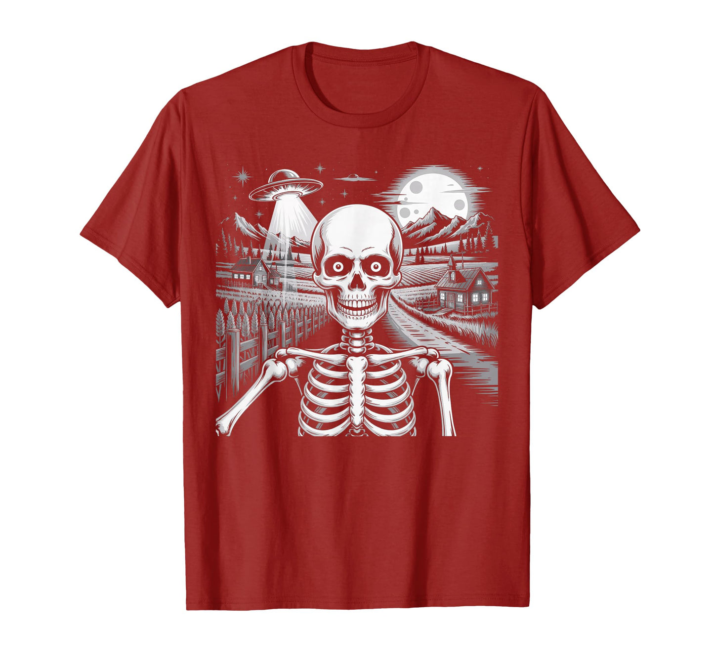 Spooky Skeleton Selfie with Spaceship Alien UFO Halloween T-Shirt