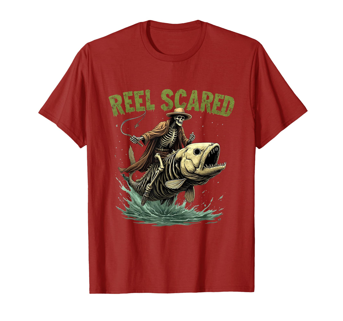 Fisherman Skeleton Funny Retro Reel Scared Halloween Fishing T-Shirt