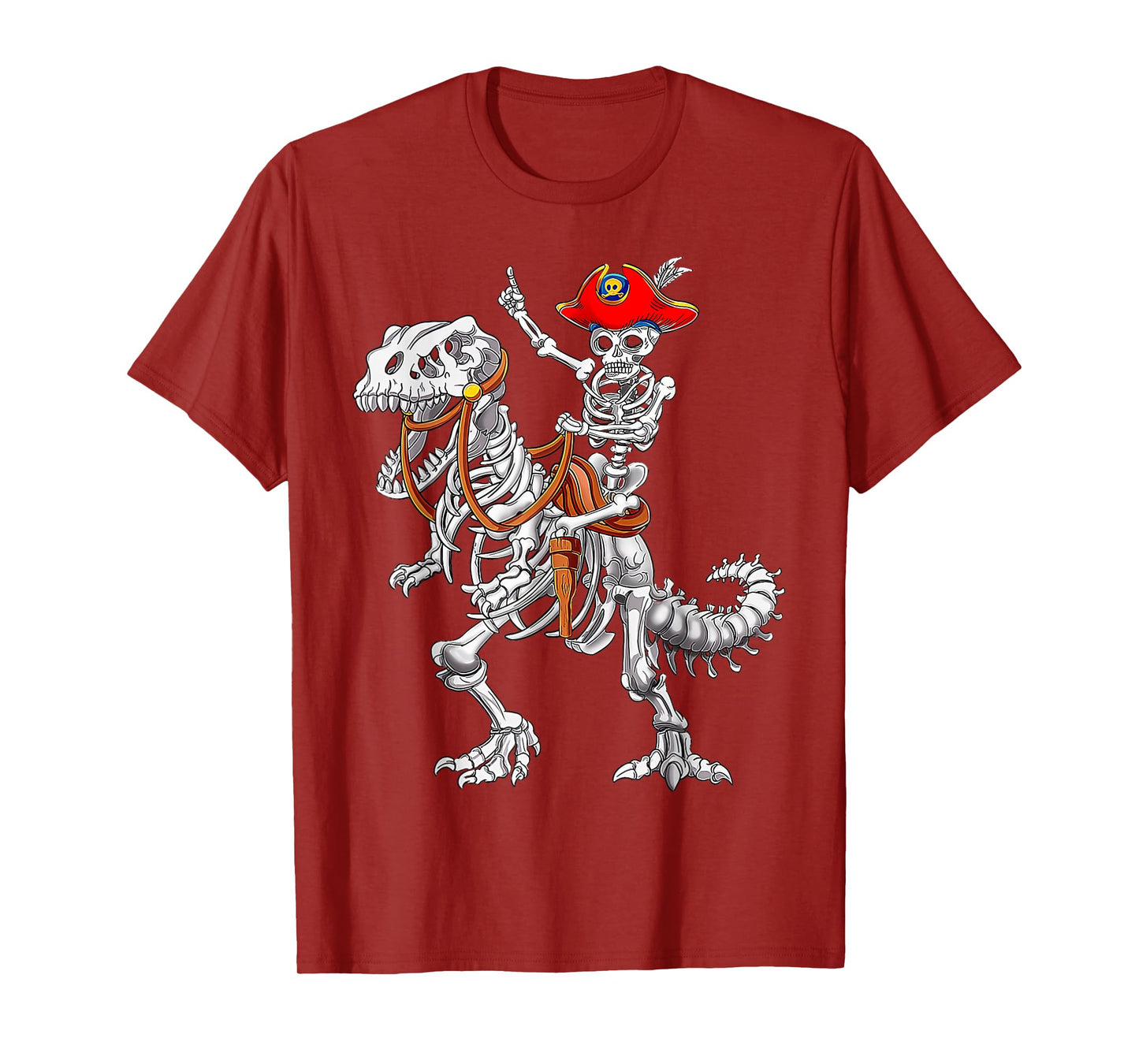 Skeleton Pirate Riding Skeleton Dinosaur Halloween T-Shirt