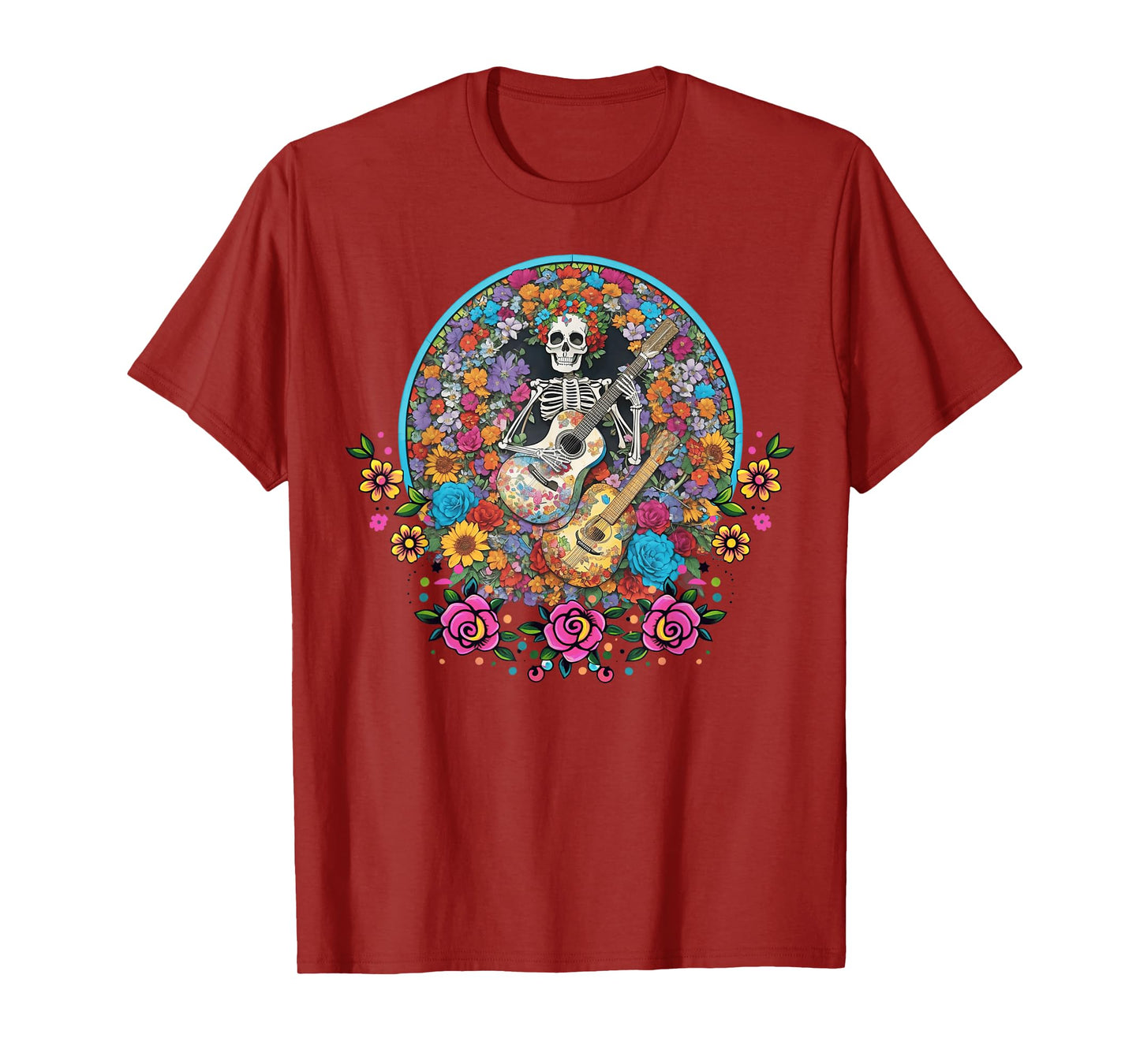 Catrina Day Floral Sugar Skull Guitar Los Muertos Halloween T-Shirt