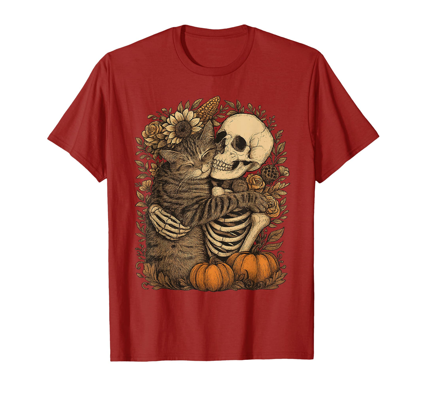 Floral Skeleton Hugging Cat Halloween Cats Mom Dad T-Shirt