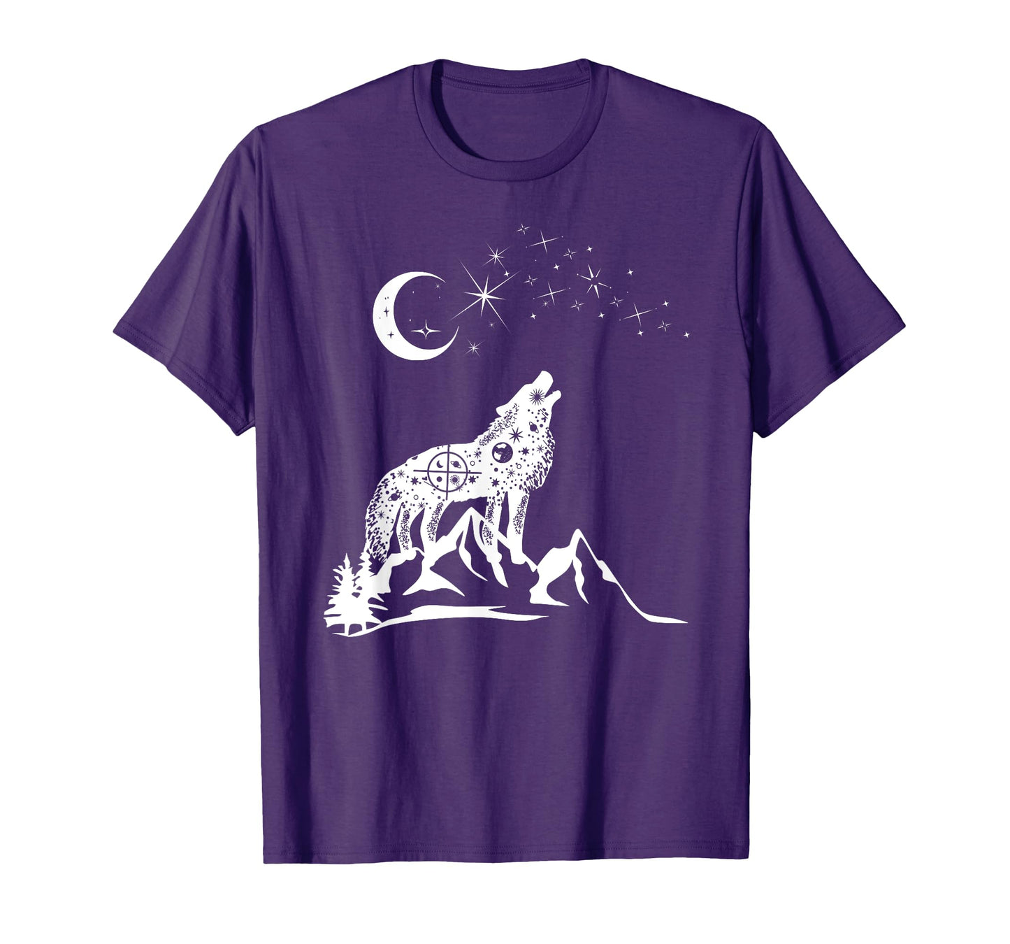 Stars Moon Astrology Wolf Mountain Landscape White Graphic T-Shirt