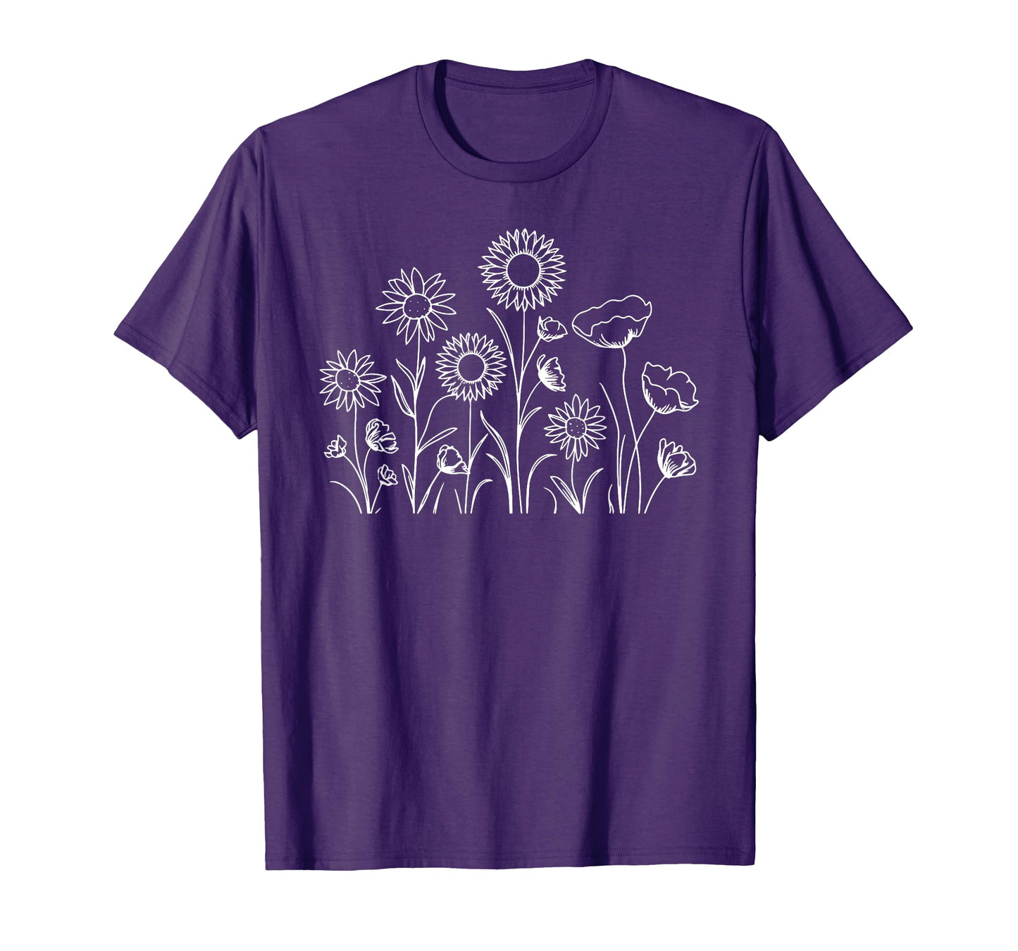 Simple Sunflower Row Line Drawing - White Print T-Shirt