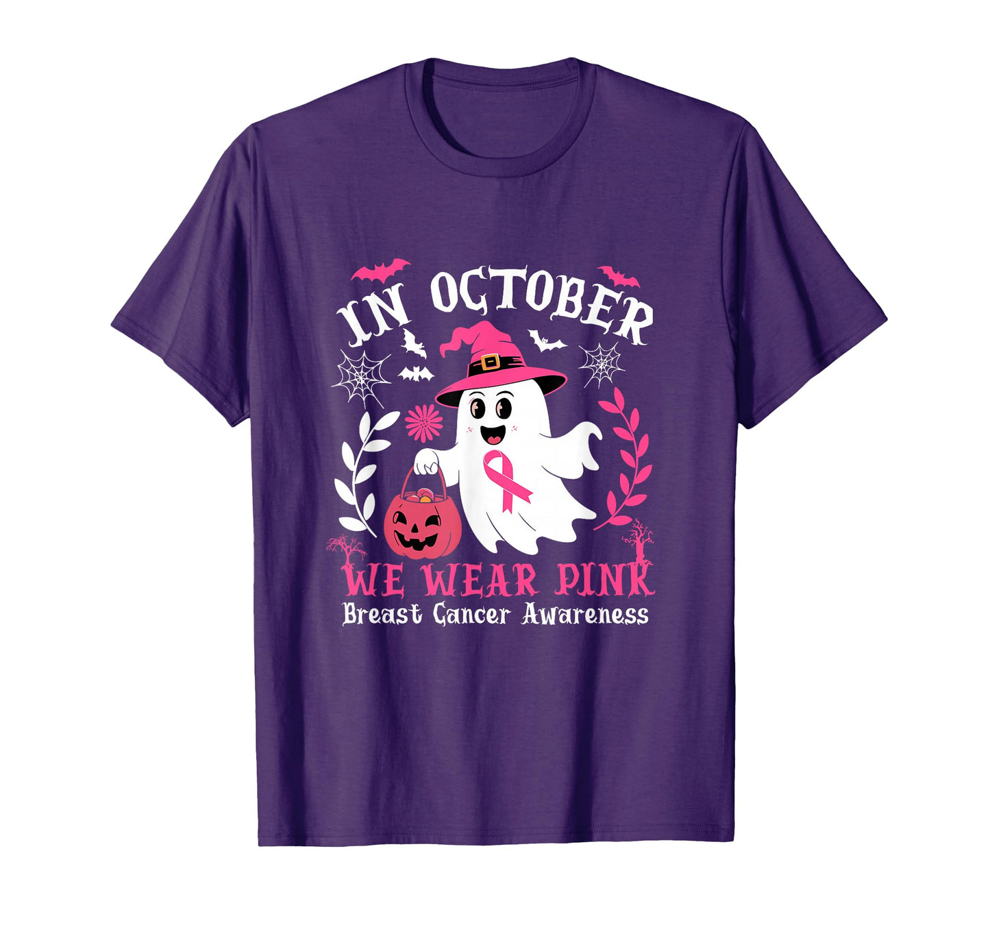 in October We Wear Pink Halloween Witch Ghost Pumpkin T-Shirt