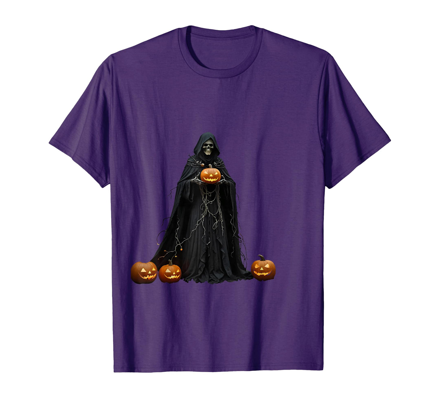 Halloween Skeleton Wearing Black Hooded Cloak Cut Out T-Shirt