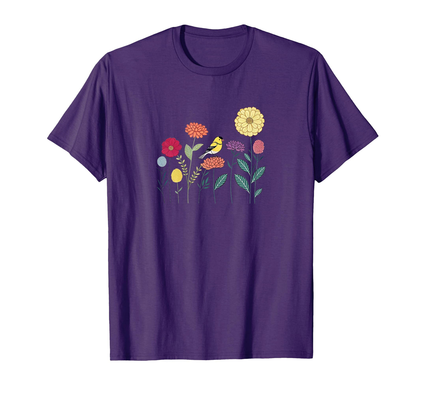 Cute Goldfinch in Colorful Zinnia Flower Garden T-Shirt