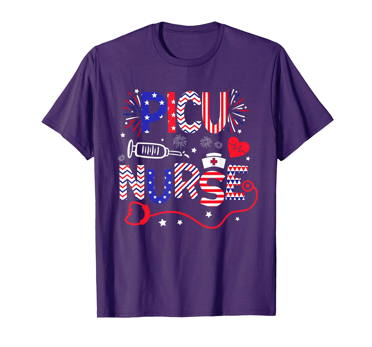 PICU Nurse 4th Of July Patriotic American Flag Stethoscope T-Shirt