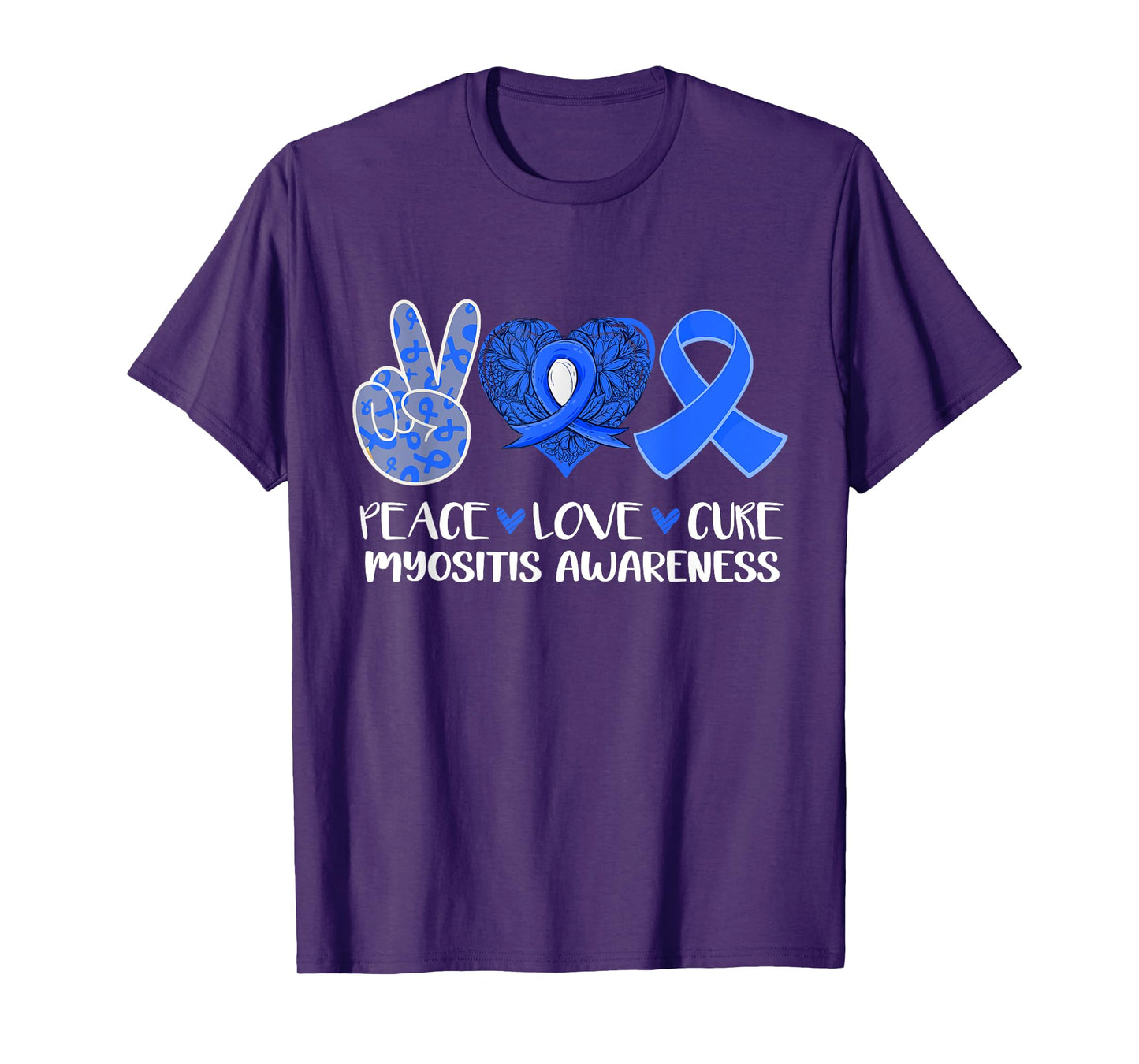 Peace Love Cure Myositis Awareness Blue Ribbon Hope T-Shirt