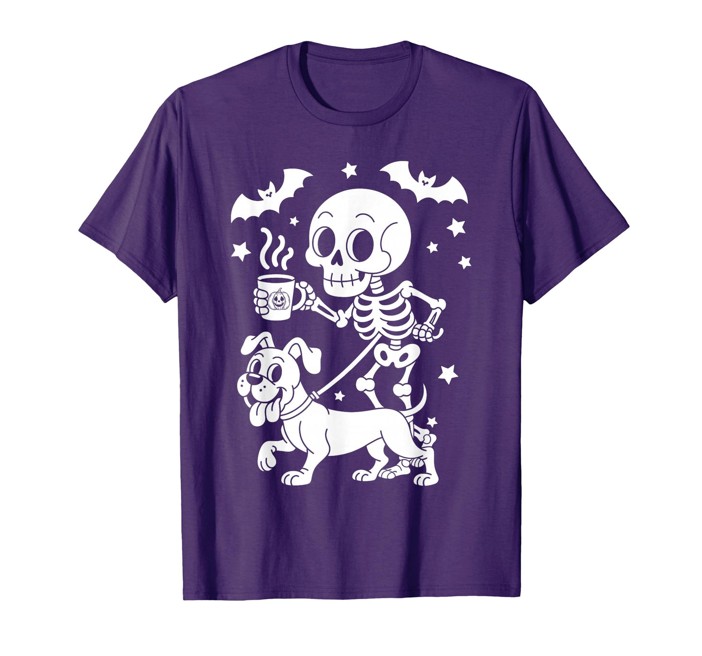 Skeleton Walking Boxer Dog Coffee Lovers Funny Halloween T-Shirt