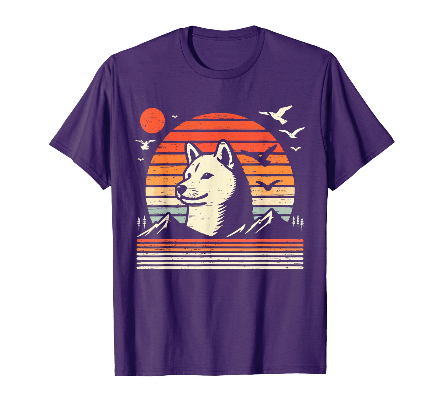 Vintage Shiba Inu Sunset Mountains Birds T-Shirt