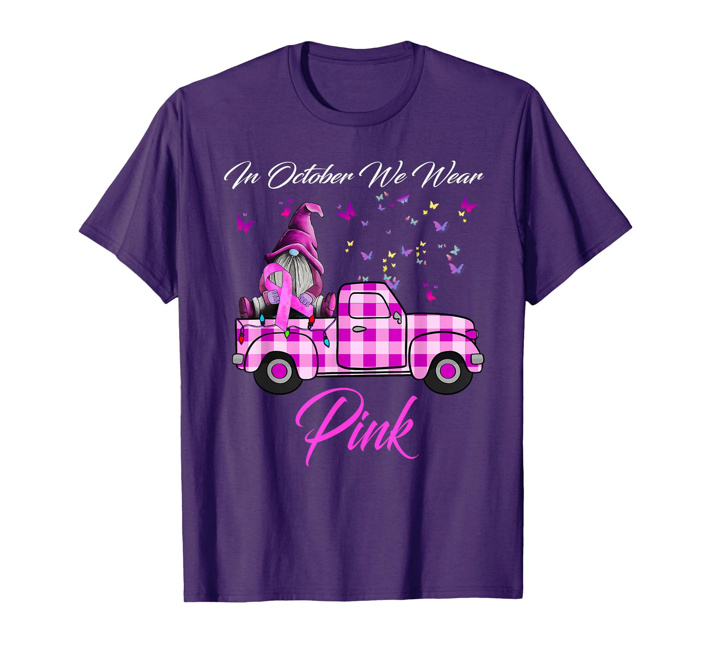 In October We Wear Pink Gnome Truck Breast Cancer Awareness T-Shirt