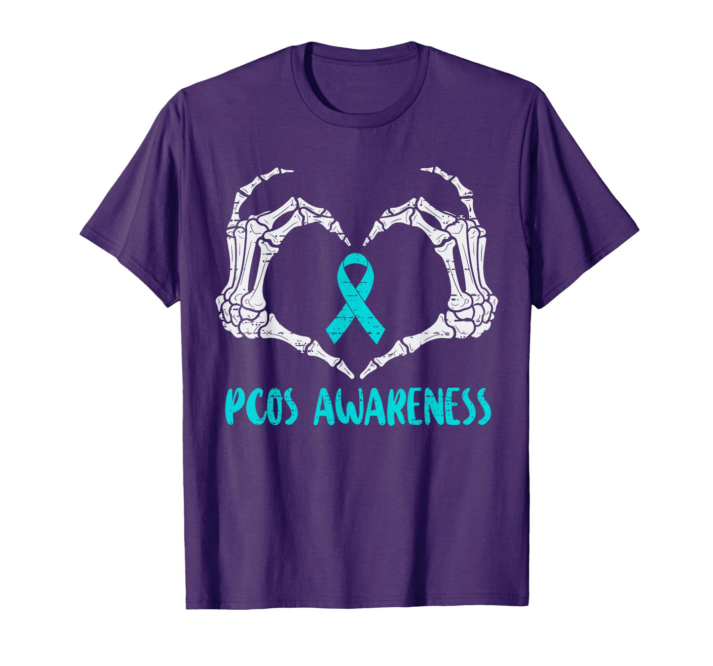 PCOS Awareness Skeleton Hand Heart Ribbon Teal Support T-Shirt