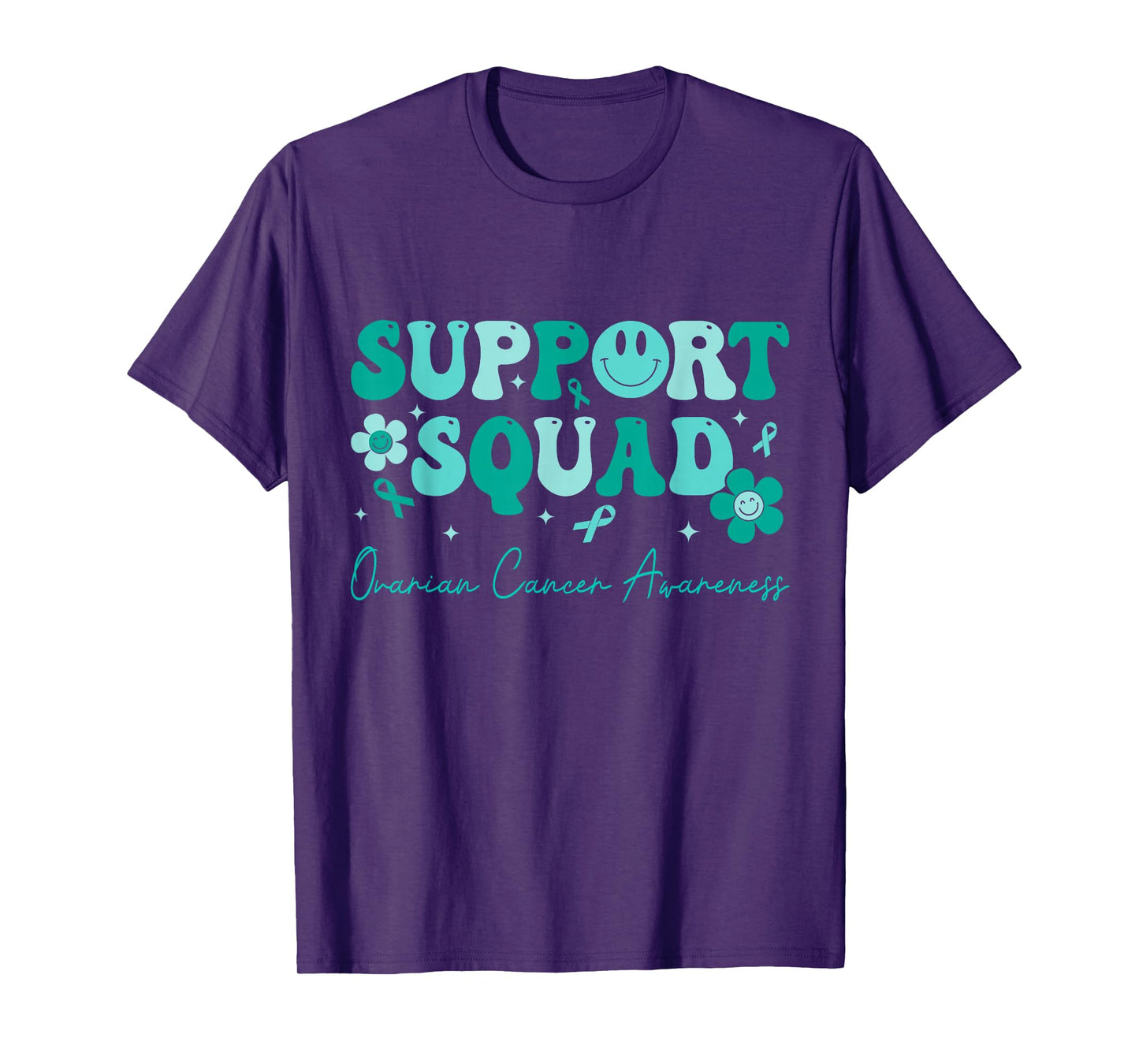 Groovy Support Squad Teal Ribbon Ovarian Cancer Awareness T-Shirt