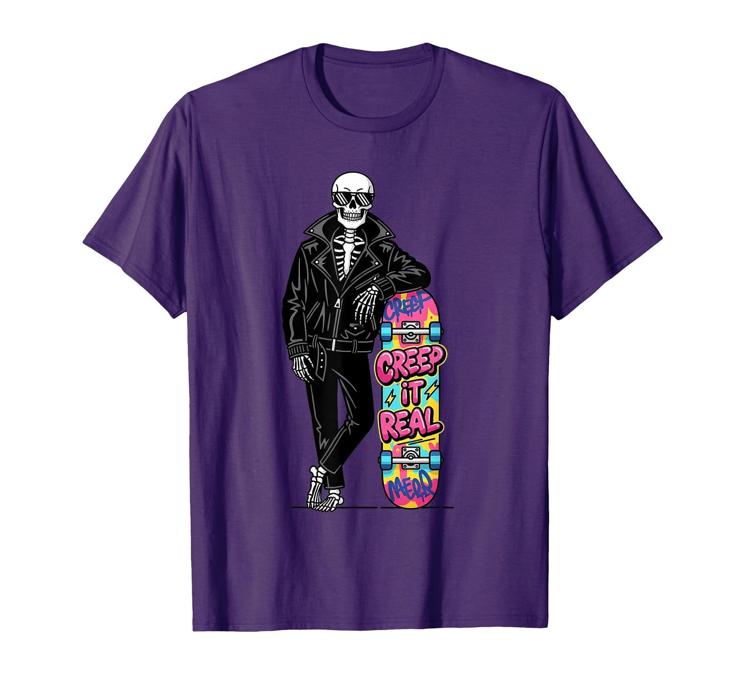 Creep It Real Spooky Season Skeleton Skateboarder Halloween T-Shirt