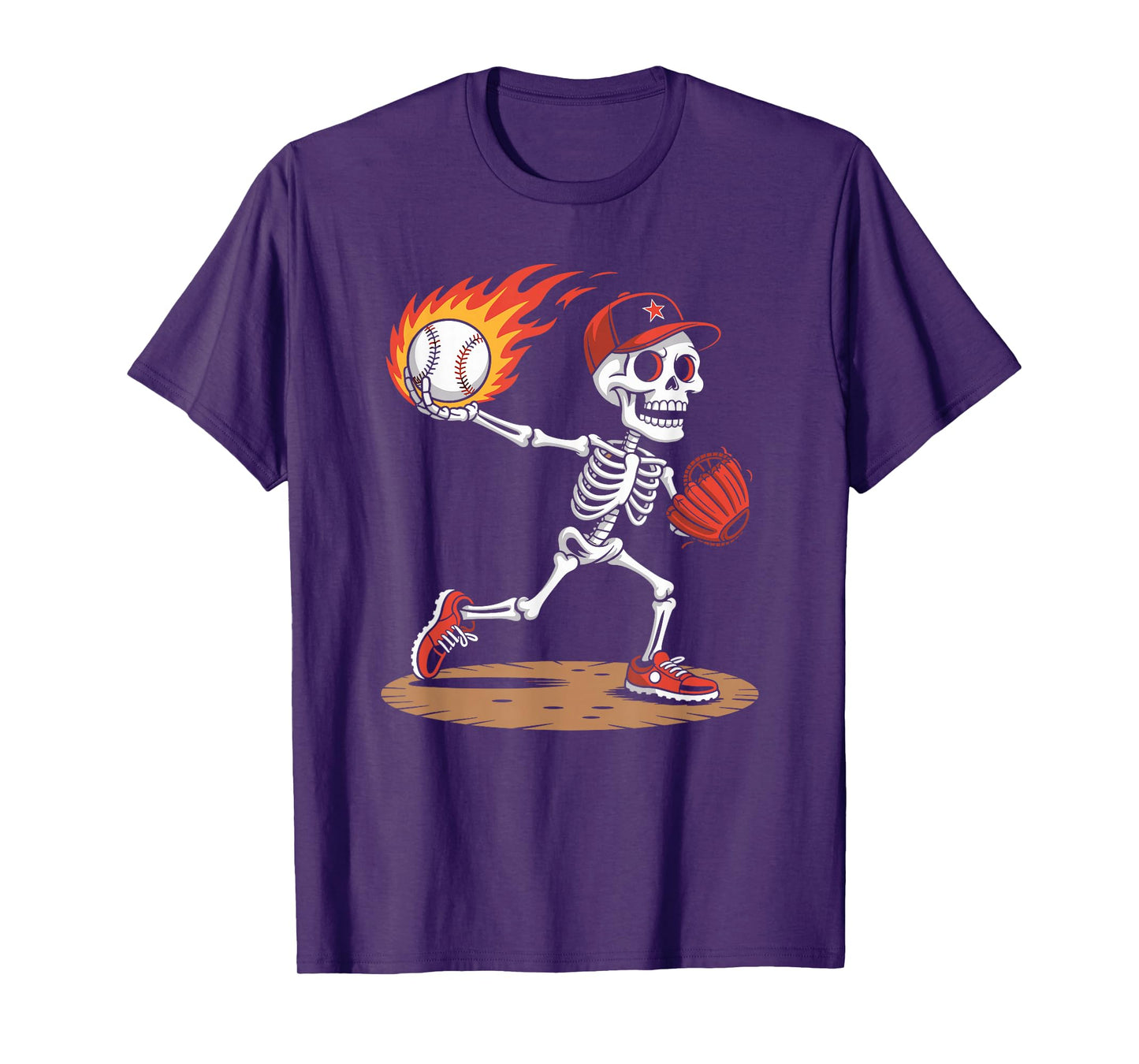 Halloween Skeleton Pitcher Flaming Baseball Graphic T-Shirt