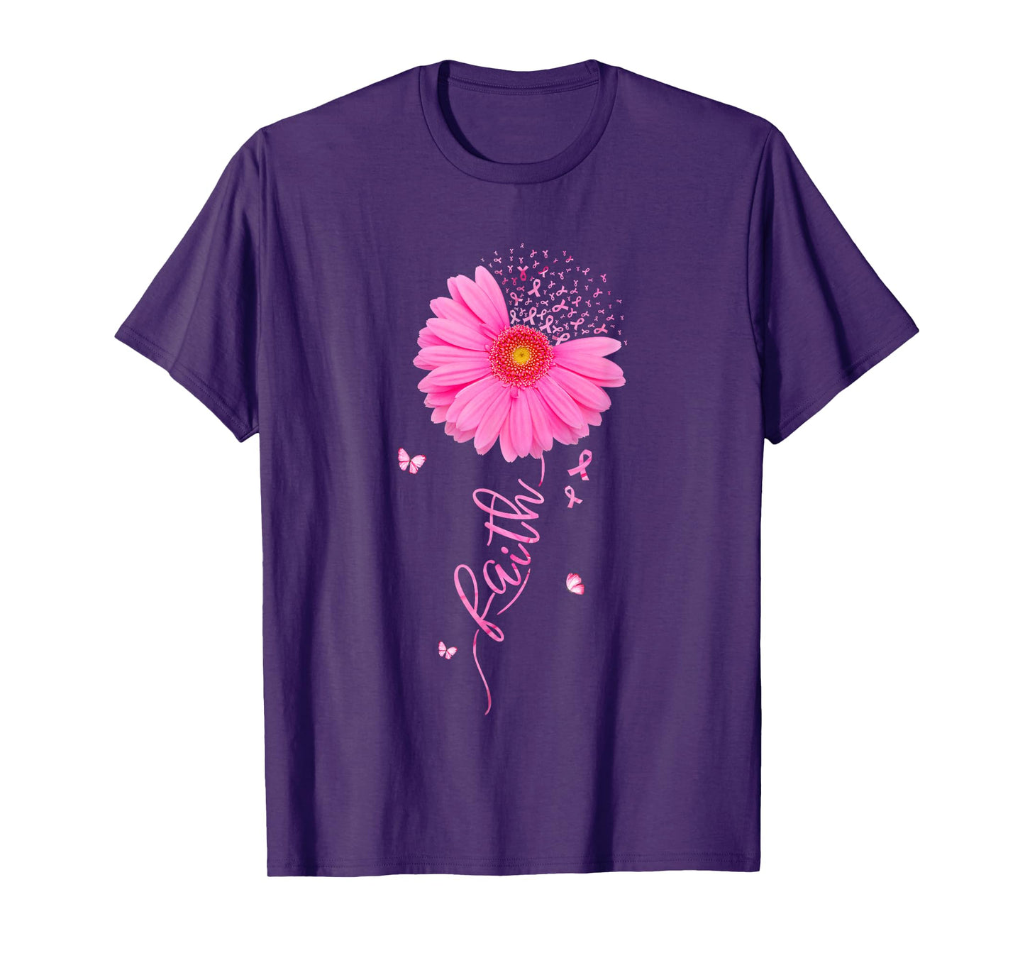 Faith Pink Ribbon Daisy Flower Breast Cancer Awareness Women T-Shirt