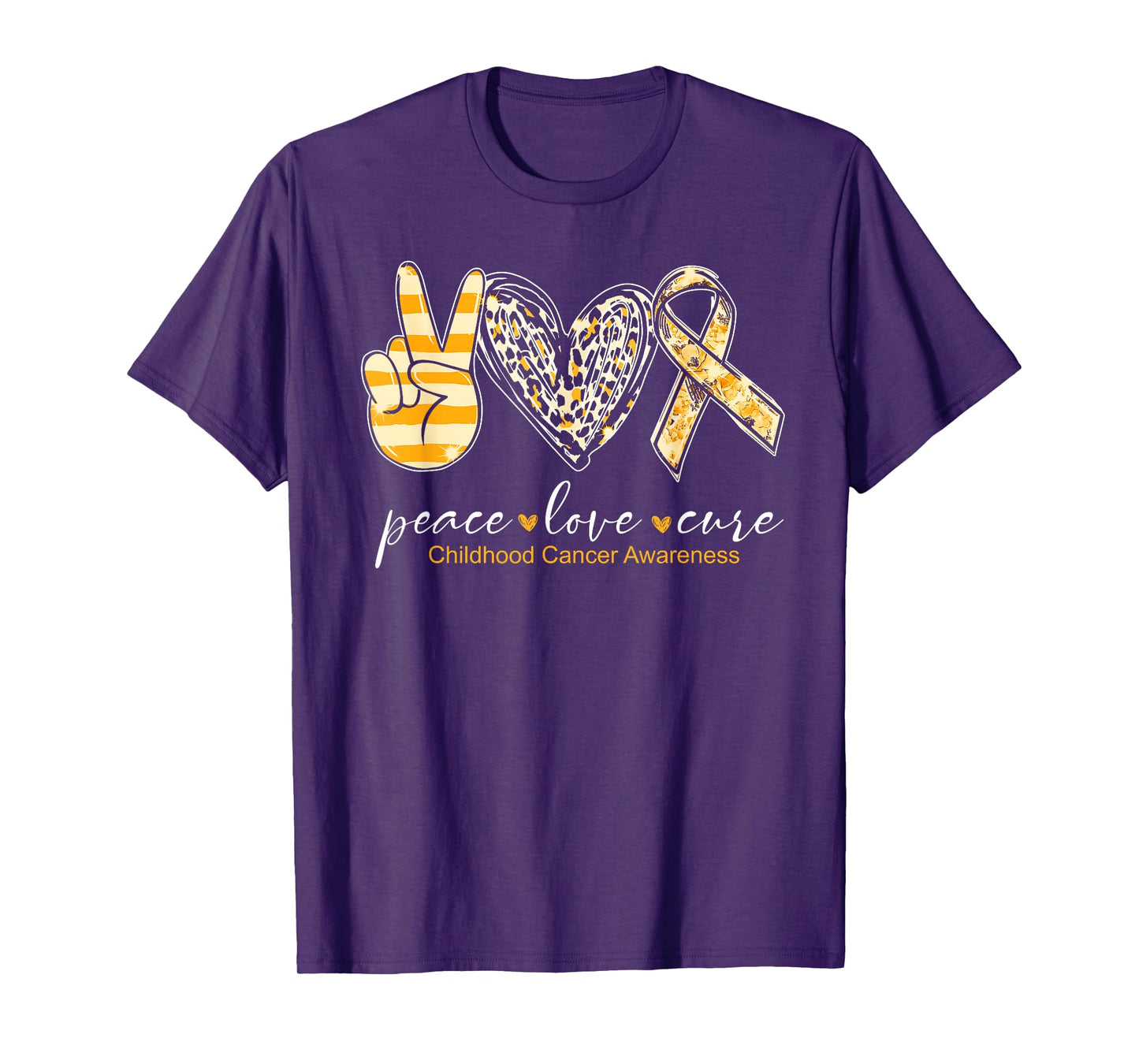 Peace Love Cure Gold Heart Ribbon Childhood Cancer Awareness T-Shirt