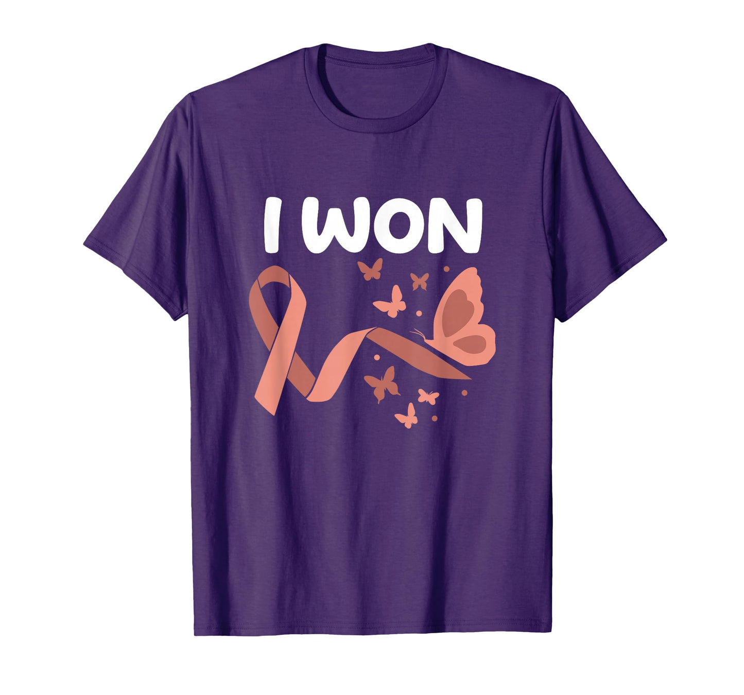 Peach Ribbon For Endometrial Cancer Awareness I Won! Endometrial Cancer Survivor. Butterflies Version Women's Black Cotton Polyester Blend Classic Fit Short Sleeve T-Shirt - Small