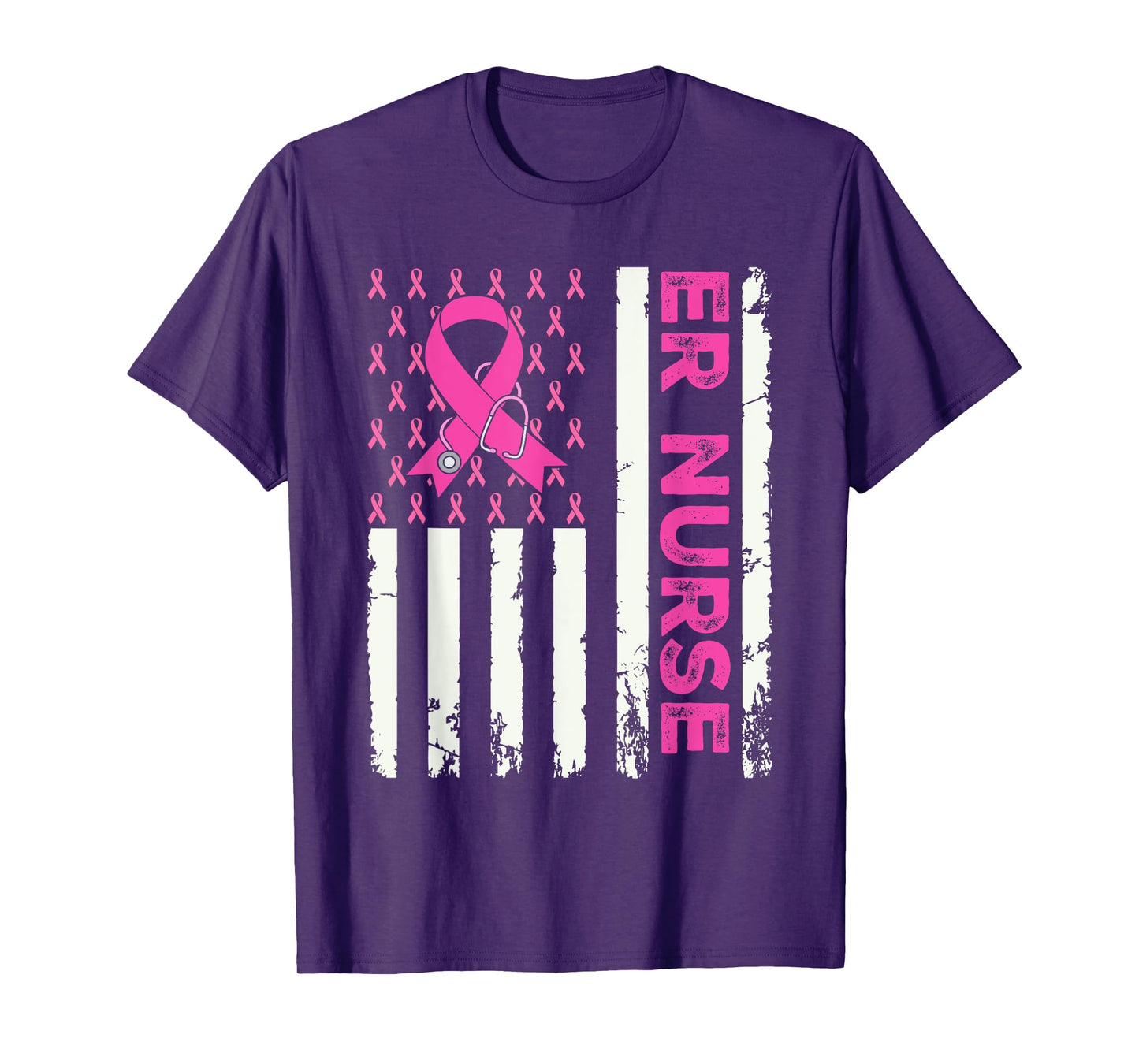 ER Nurse American Flag Breast Cancer Awareness Pink Ribbon T-Shirt