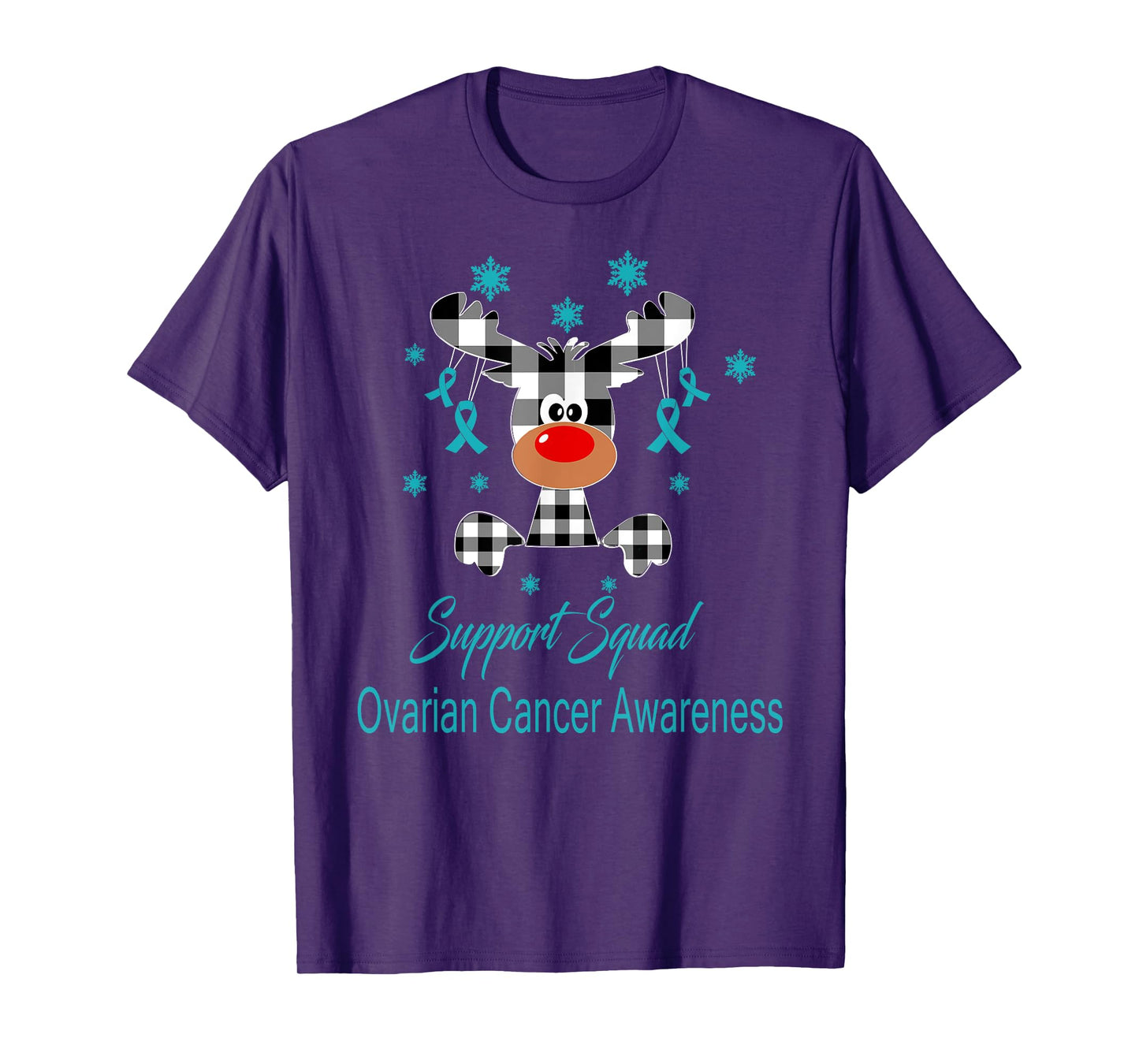 Ovarian Cancer Awareness Christmas Reindeer Teal Ribbon T-Shirt