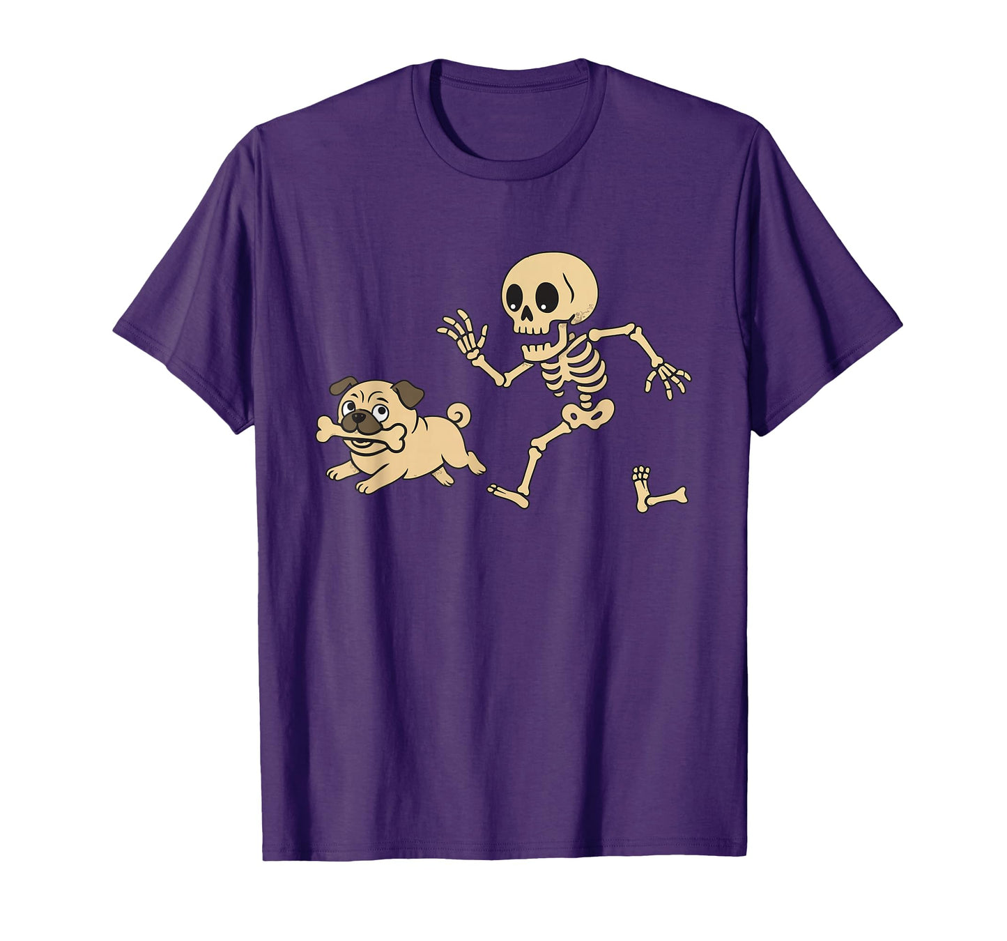 Funny Skeleton Chasing Cute Pug Cartoon Spooky Halloween T-Shirt
