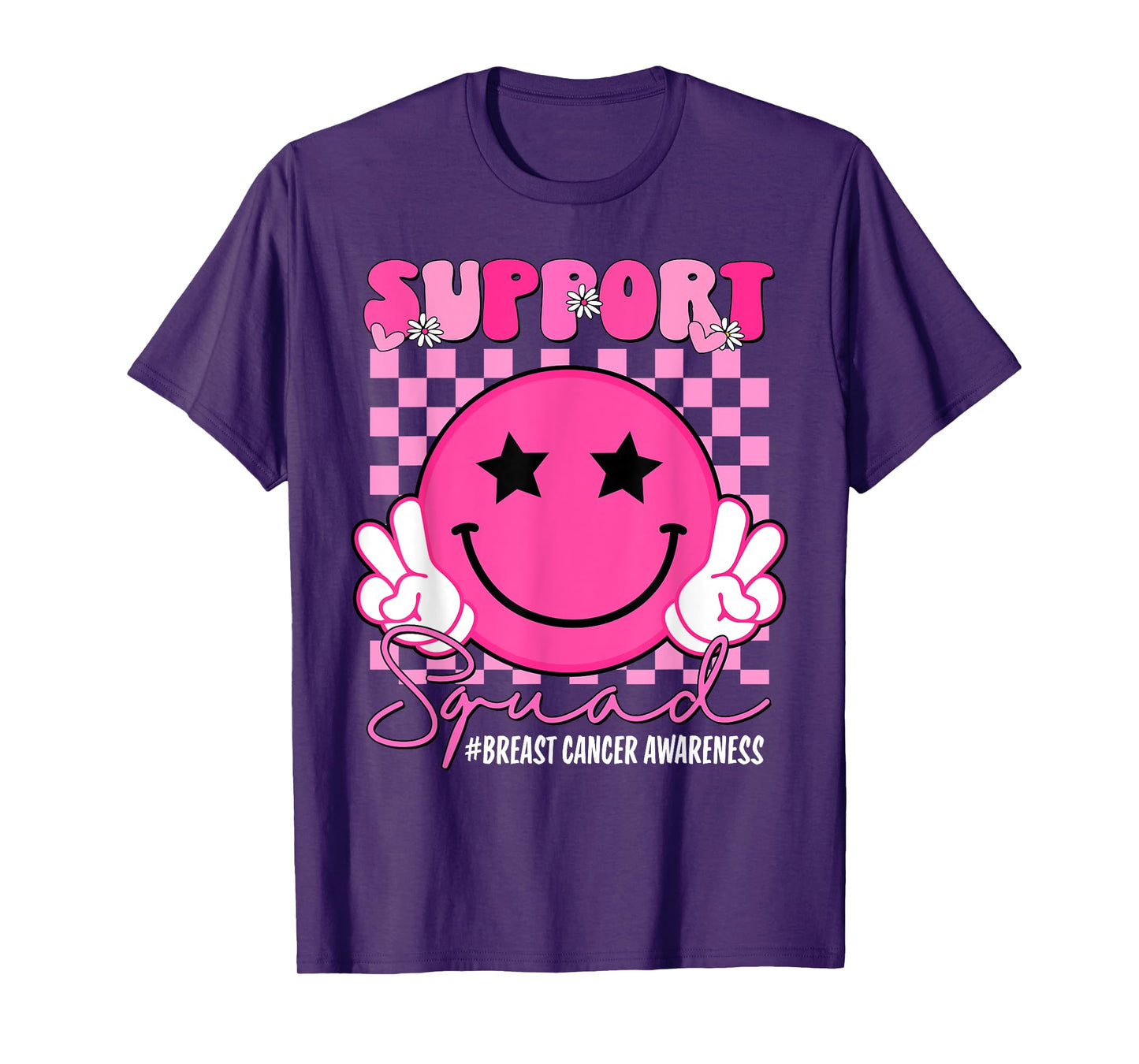 Support Squad Groovy Pink Smile Face Breast Cancer Awareness T-Shirt