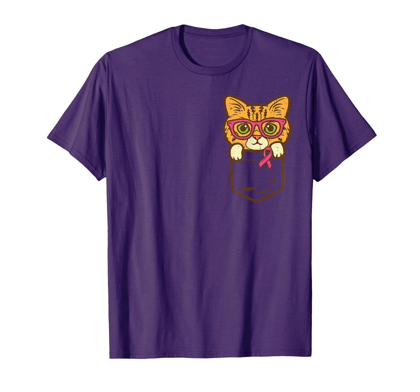 Pocket Cat Ribbon Breast Cancer Awareness Men Women Kids T-Shirt