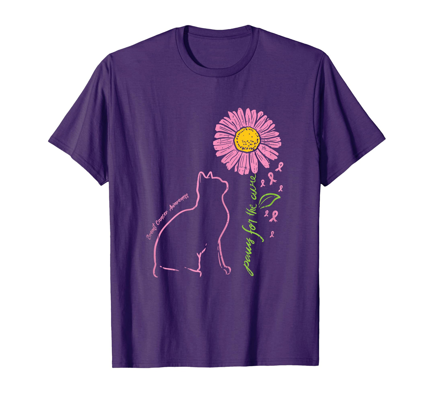 Cat Flower Paw For Cure Breast Cancer Awareness Support Gift T-Shirt