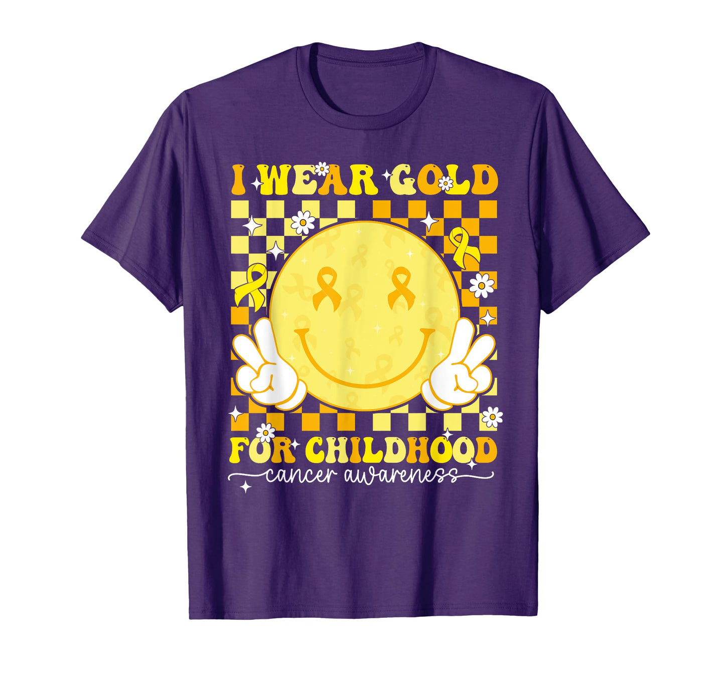 I Wear Gold Childhood Cancer Awareness Ribbon Groovy Retro T-Shirt