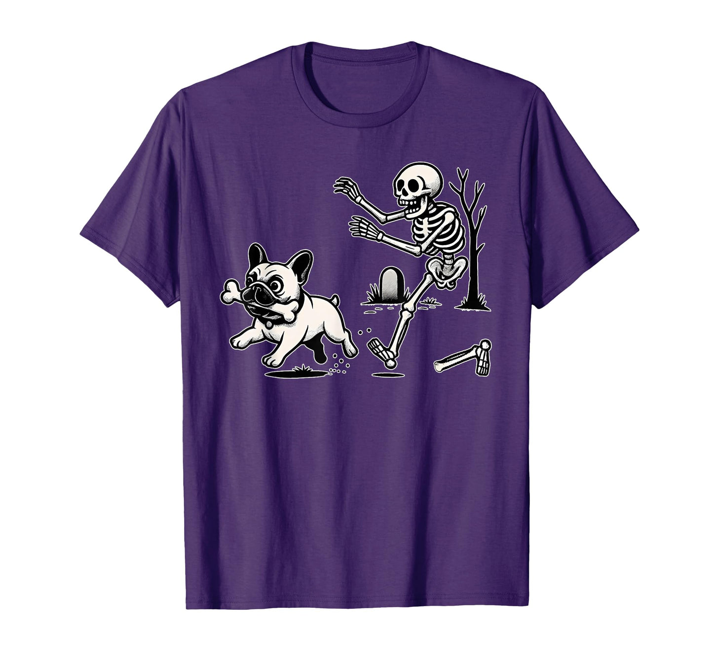 Funny Halloween French Bulldog Steals Bone from Skeleton T-Shirt